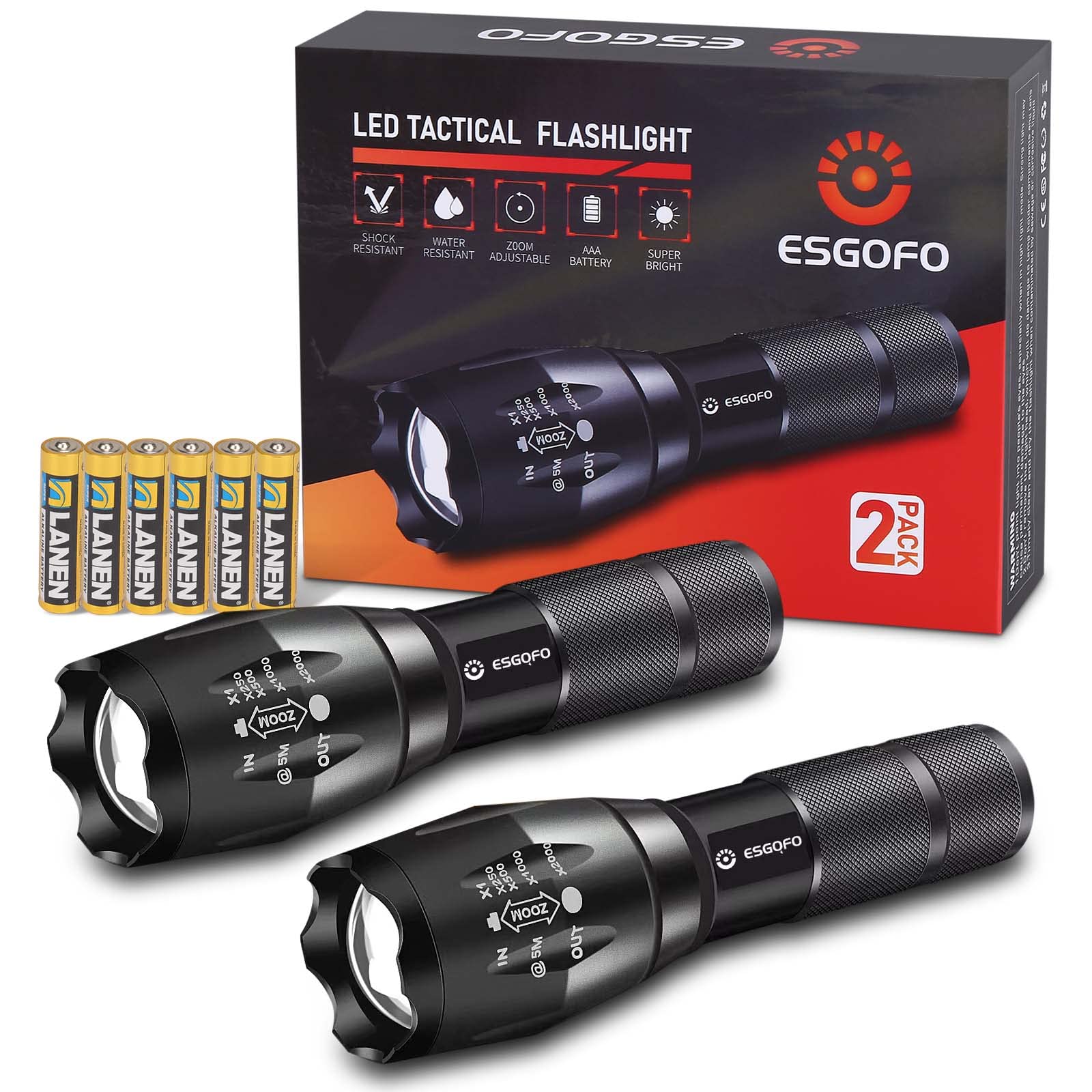 Esgofo Led Flashlights 2 Pack Bright Powerful Edc 3000 Lumen Handheld Flash Lights, High Lumens Pocket Linterna, 5 Modes, Waterp