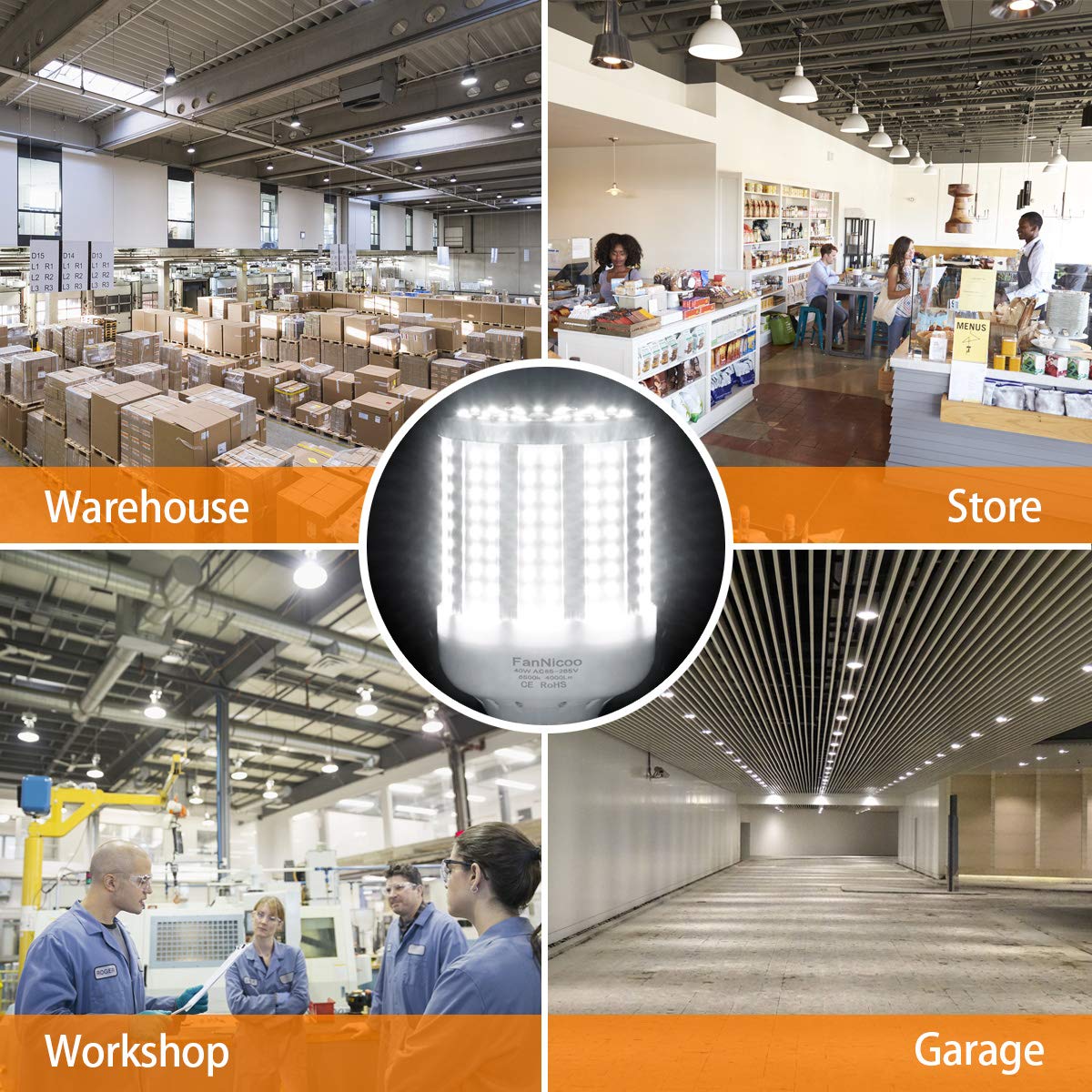FanNicoo 2 Pack 40W LED Corn Bulb, 280W Equivalent, 4000 Lumen, 6500K Cool White, E26/E27 Base, Ideal for