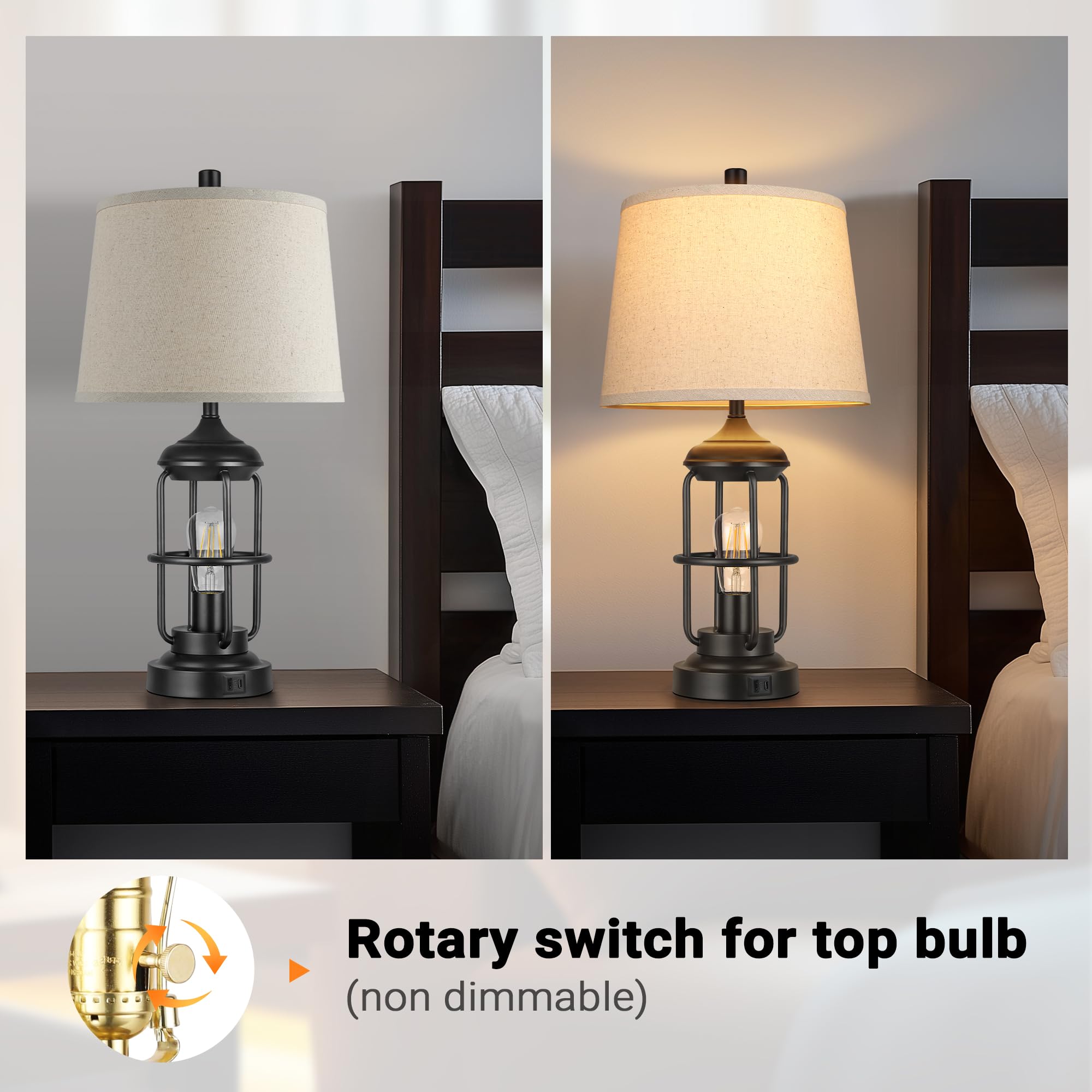 Qimh Table Lamp For Bedroom Set Of 2 With Usb A+C Ports, Farmhouse Bedside Lamp With Night Light, 3-Way Dimmable Touch Control,