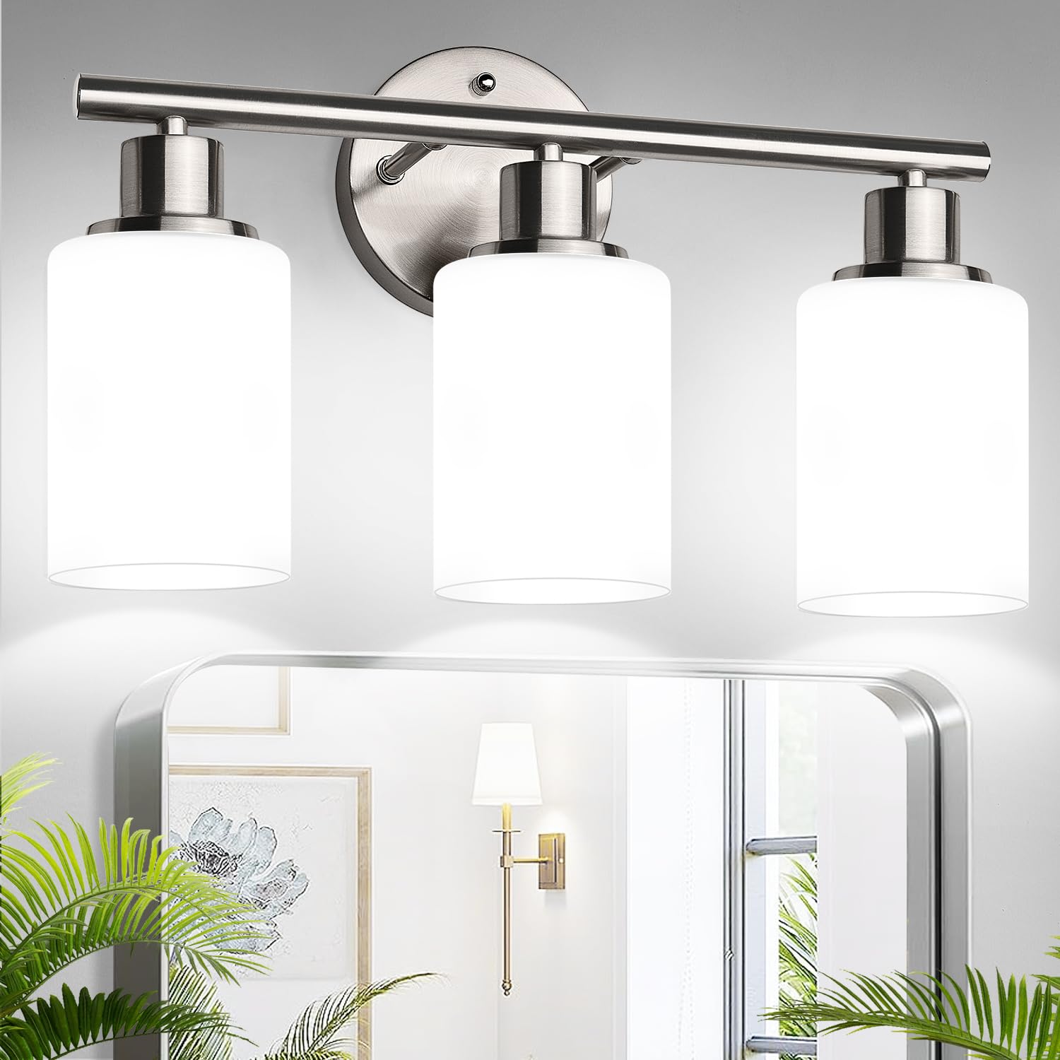 Zarbitta 3-Light Bathroom Light Fixtures, Brushed Nickel Vanity Light, Farmhouse Wall Lights With Milky White Frosted Glass Shad