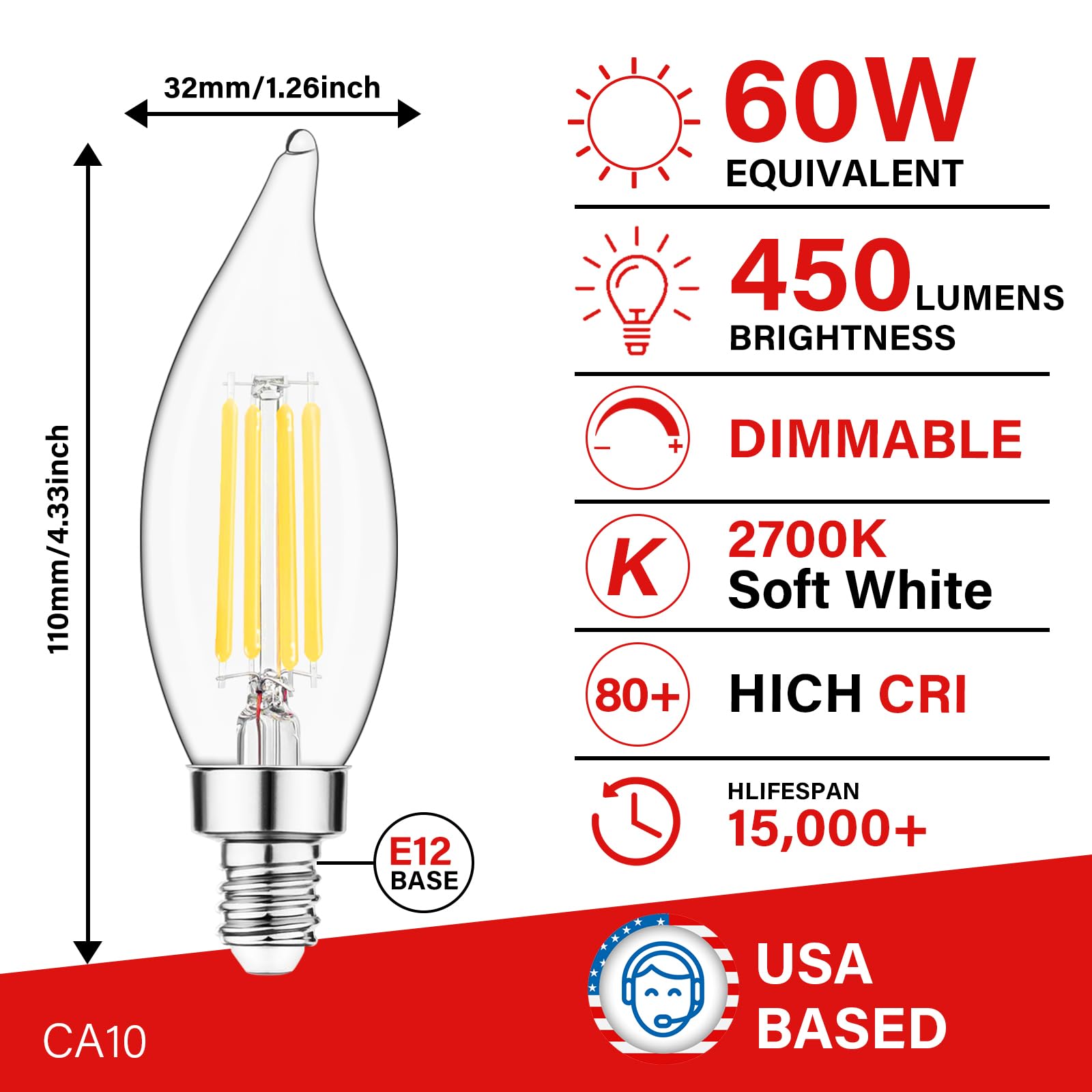 Sengled Candelabra Light Bulbs,Dimmable 2700K Soft White E12 Chandelier Bulbs,60 Watt Equivalent 450 Lumens Warm White Ca10 Fila