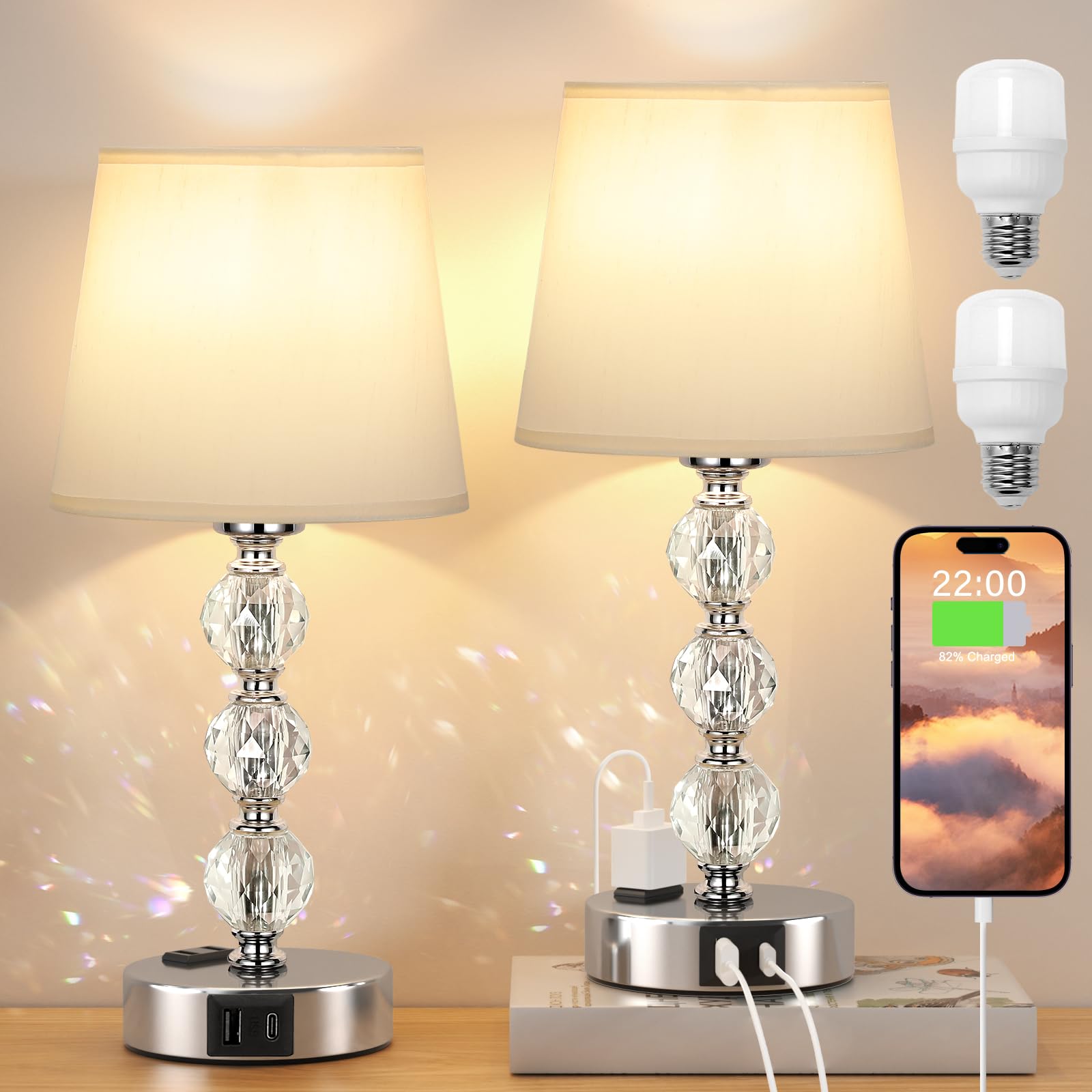 Acaxin Bedside Lamps for Bedrooms Set of 2 Nightstand- Crystal Table Lamps with USB C+A Ports & AC Outlet for Charging, 3 Way Di
