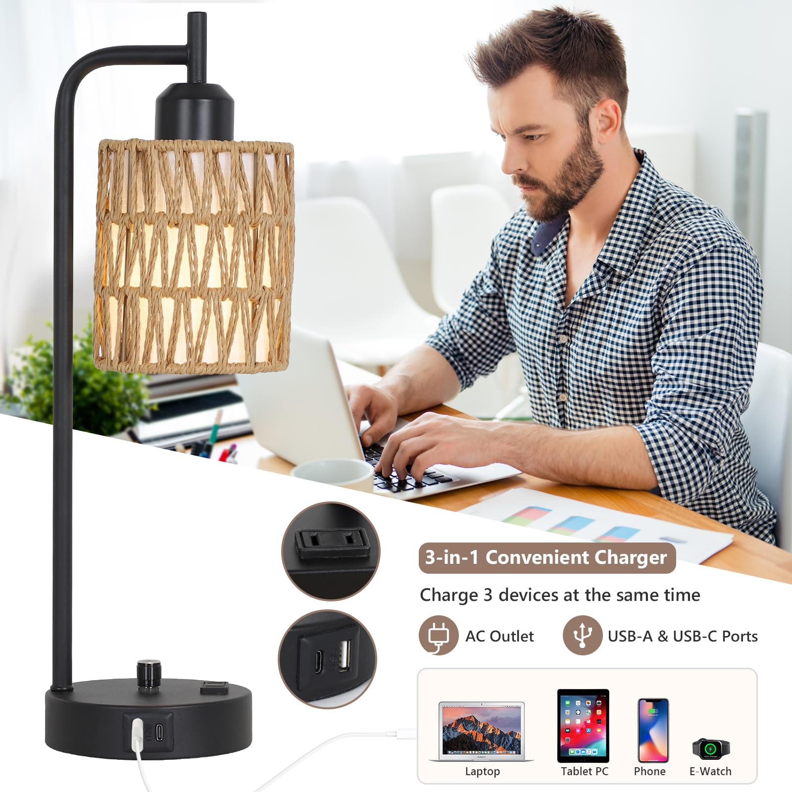 Stepeak Rattan Table Lamps For Living Room Set Of 2, Boho Bedside Lamps With Led Bulbs, Usb Charging Ports And Outlet, Farmhouse Nightstand Lamp With Woven Shade, Black Desk Lamp For Bedroom Office