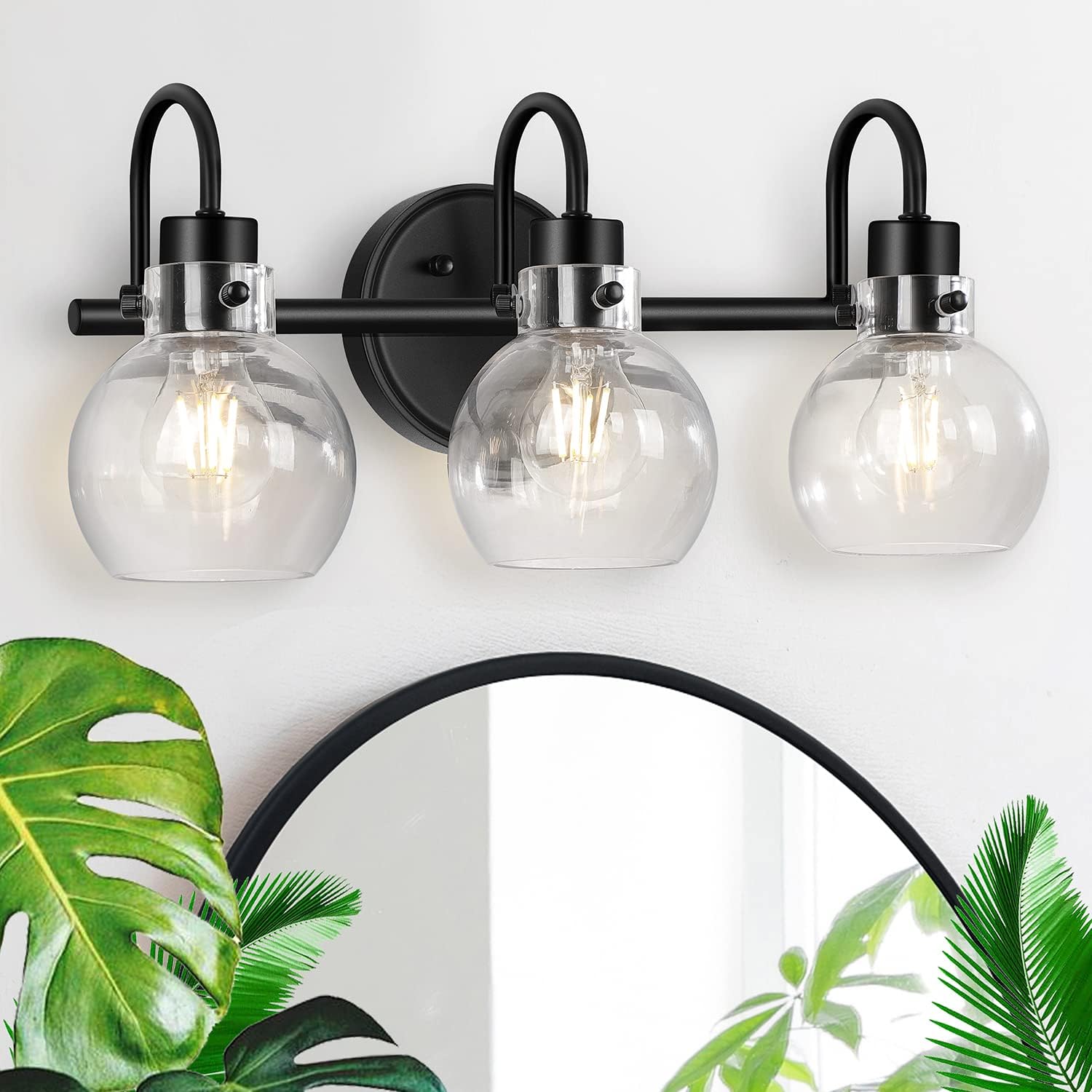 Apenath Black 3-Light Vanity Light Fixture With Globe Glass Shade For Bathroom And Porch