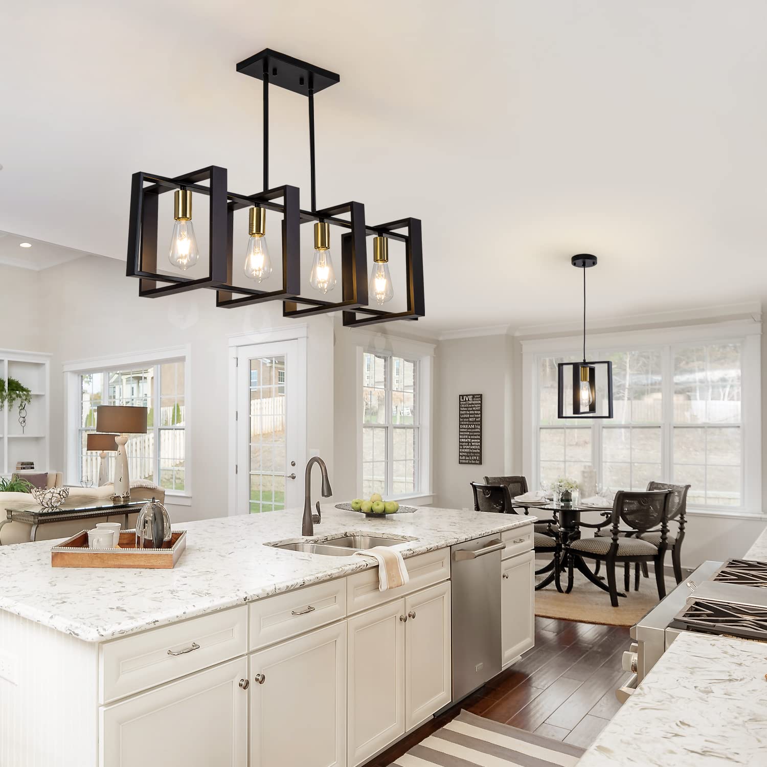 Poroulux Black Farmhouse Kitchen Island Chandelier, 4 Lights, Metal, 1001 Series, Industrial Ceiling Fixture for Dining Room