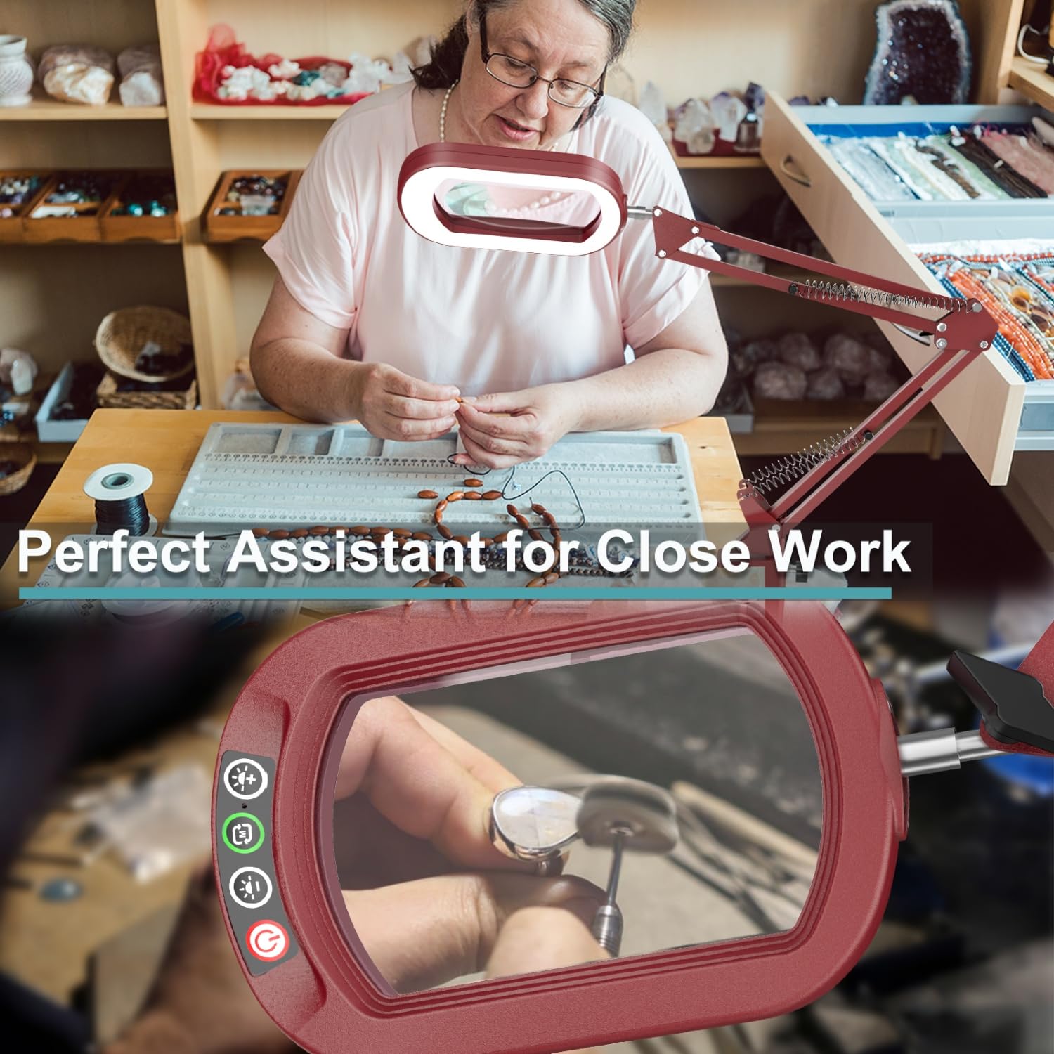 IVMAIE 10X Magnifying Glass with Light, Stepless Dimmable, LED Clamp Desk Lamp, Red, Model JZ602