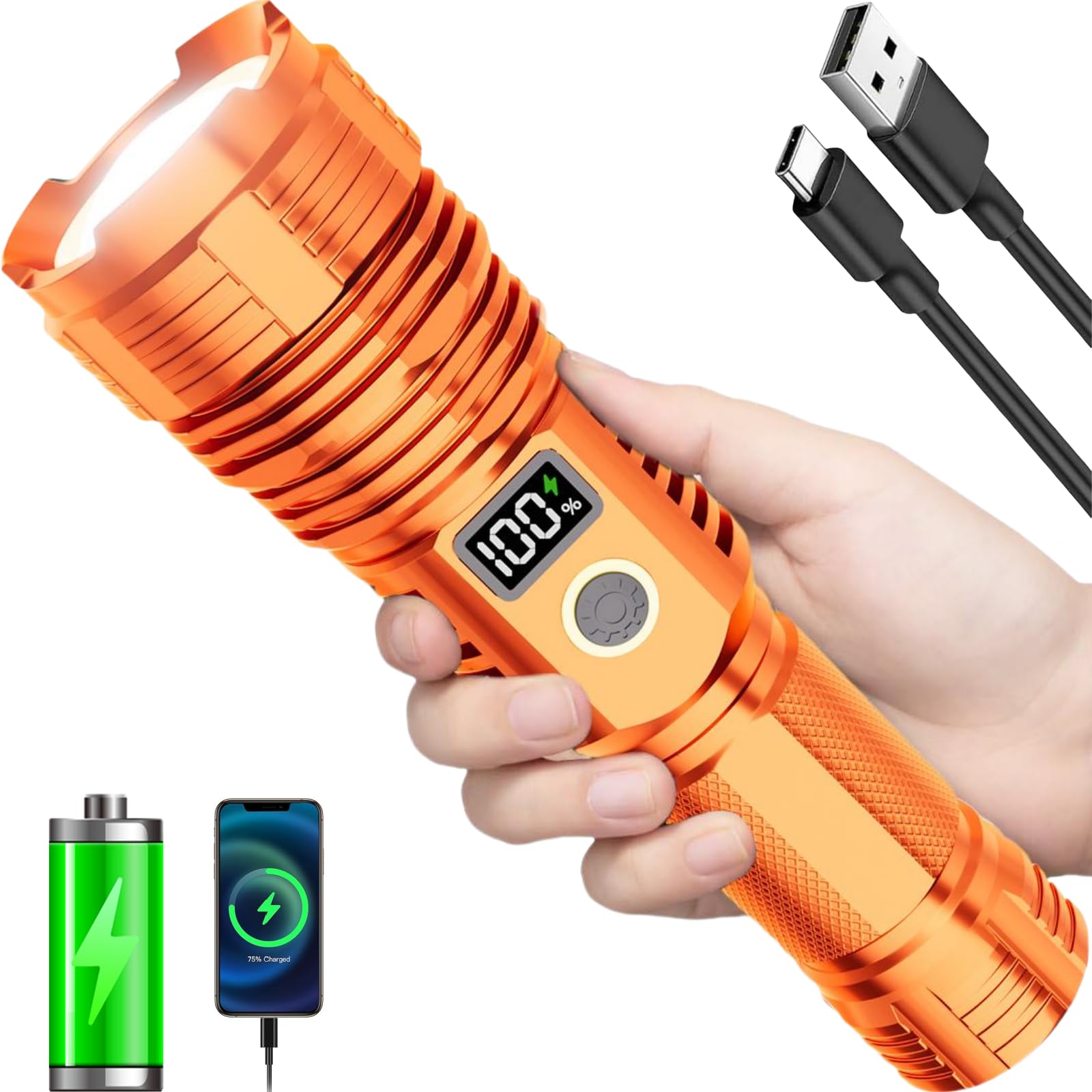 CHILDBOT High Lumens LED Flashlight, Rechargeable, Waterproof, 5 Modes, Orange, Model Y1915C