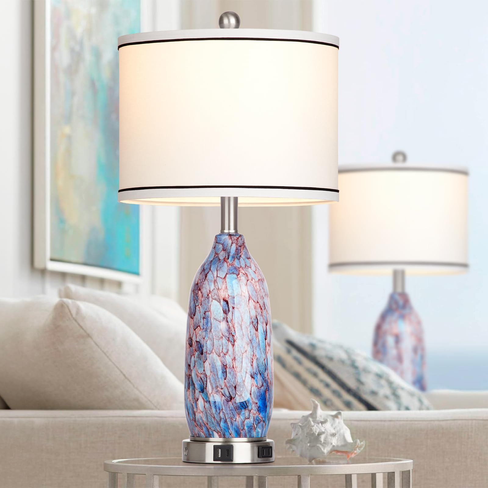 Cinyirong 26 Coastal Glass Table Lamps Set of 2 for Living Room, 3 Way Touch Bedside Lamp for Bedroom, Nautical Beachy Lamp with