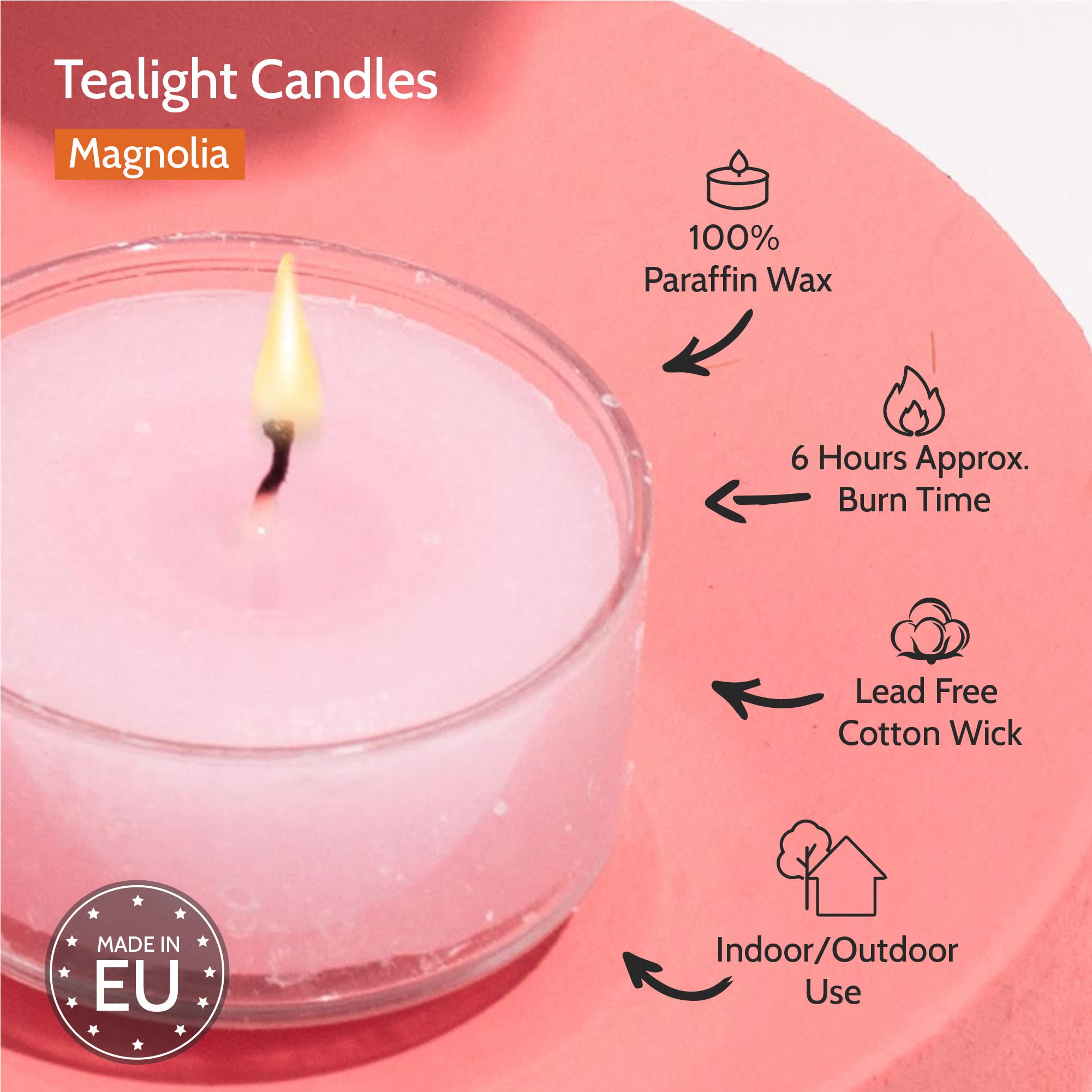 Hyoola Scented Tealight Candles - Clear Cup - Magnolia Tealight Candles Scented - 6 Hour Burn Time - 15 Pack - European Made
