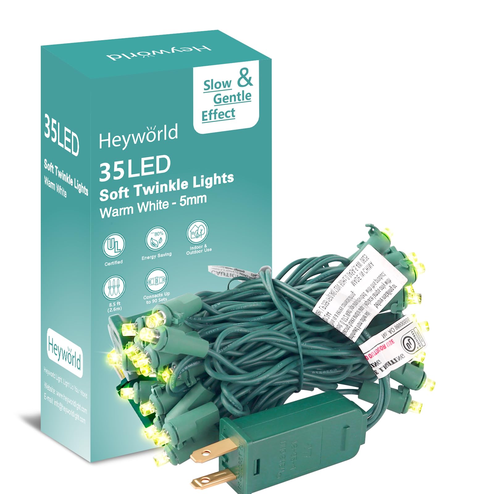 Heyworld Slow Twinkle Christmas Lights, 35 LED 10ft UL Certified Soft String Lights, 5mm Waterproof Fairy Glow for Indoor/Outdoo