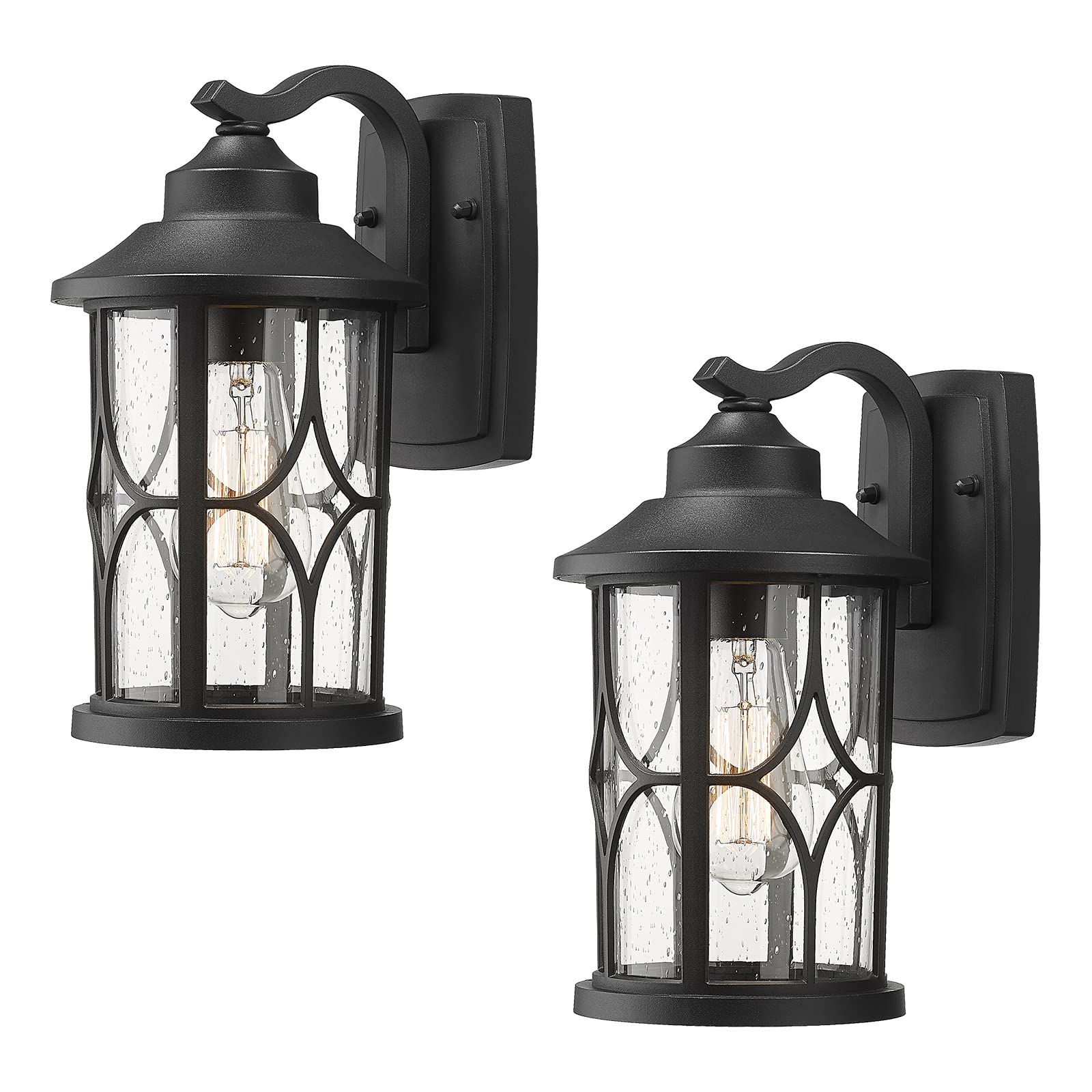 zeyu 2 Pack Outdoor Wall Lights, Exterior Light Fixture for Front Porch House, Die-Cast Aluminum with Seeded Glass, Black Finish