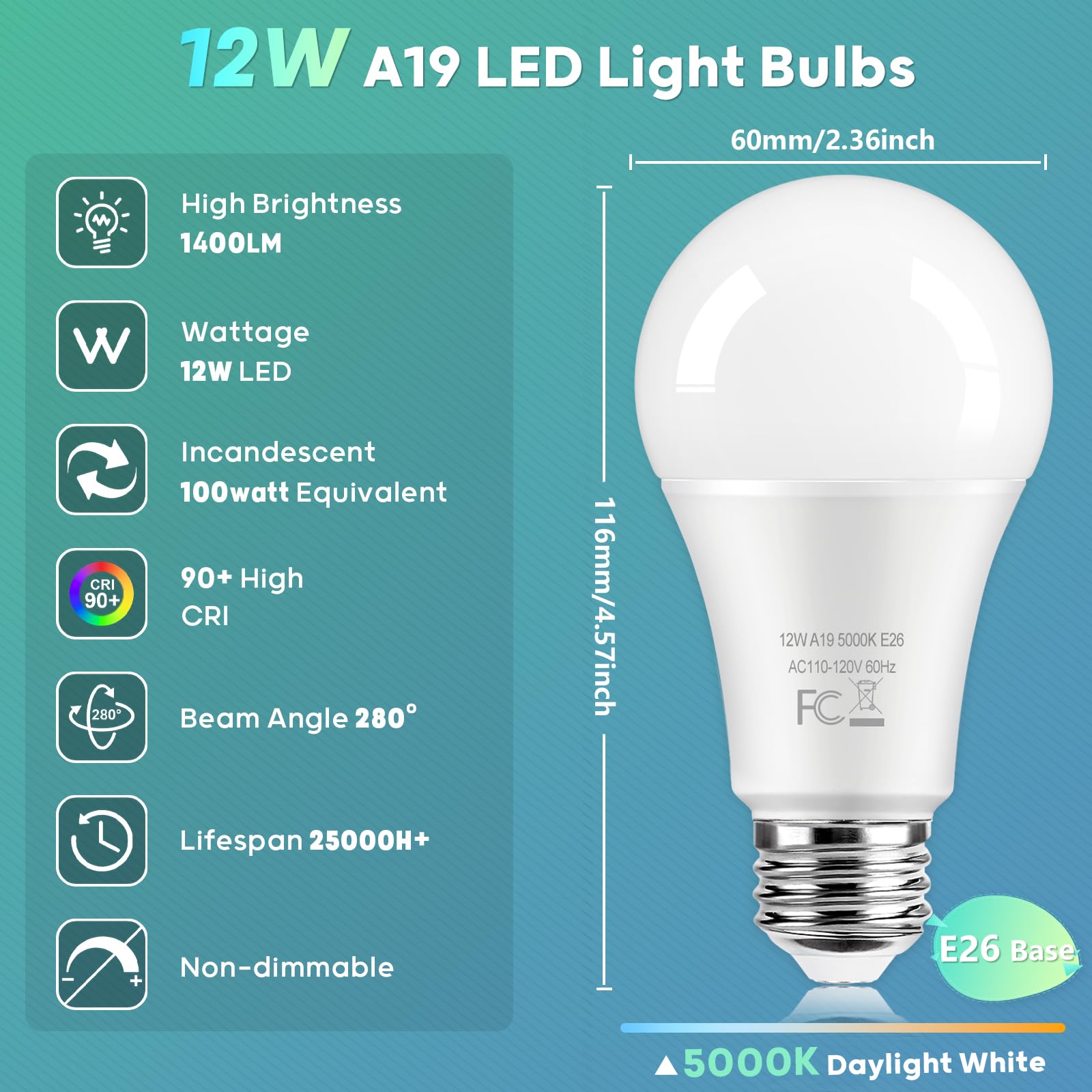100 Watt Equivalent Led Light Bulbs, A19 12W Super Bright Daylight White 5000K Led Bulbs, 1400 Lumens Standard E26 Medium Screw