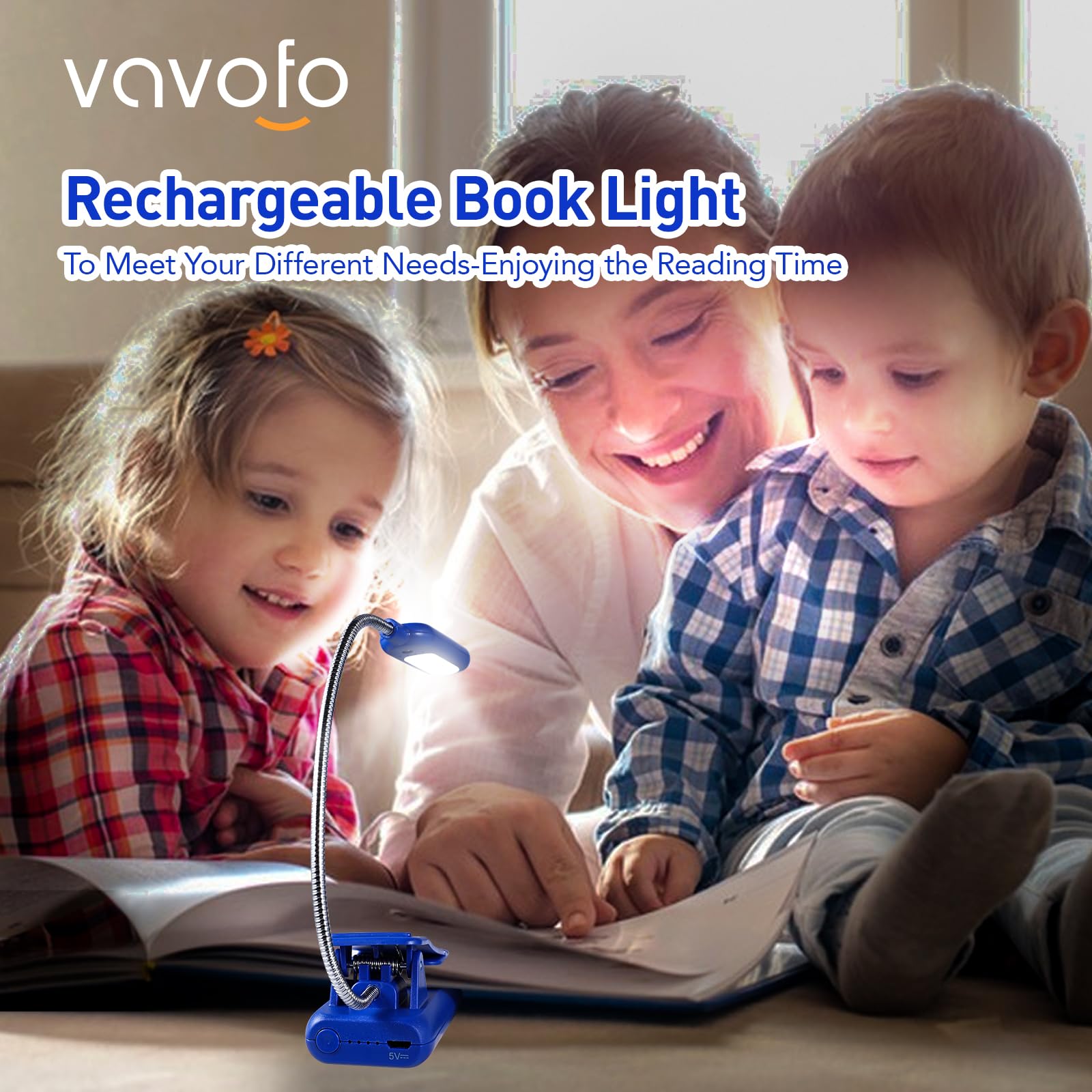 VAVOFO Rechargeable Book Light - 7 LED, 9-Level Brightness, Eye Care, Royal Blue, Model KM-6720