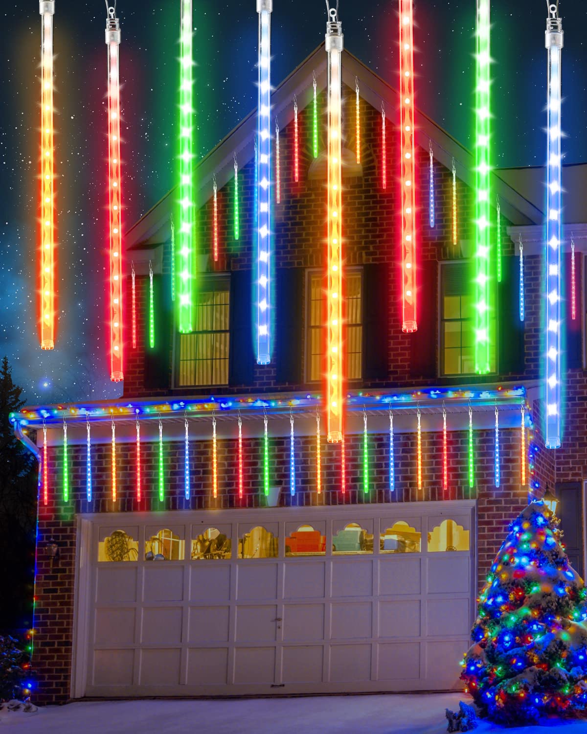 Flacchi 20 Tubes Meteor Shower Icicle Lights, 480 Led Multi-Colored Raindrop Lights With Timer For Holiday Party & Christmas Decor