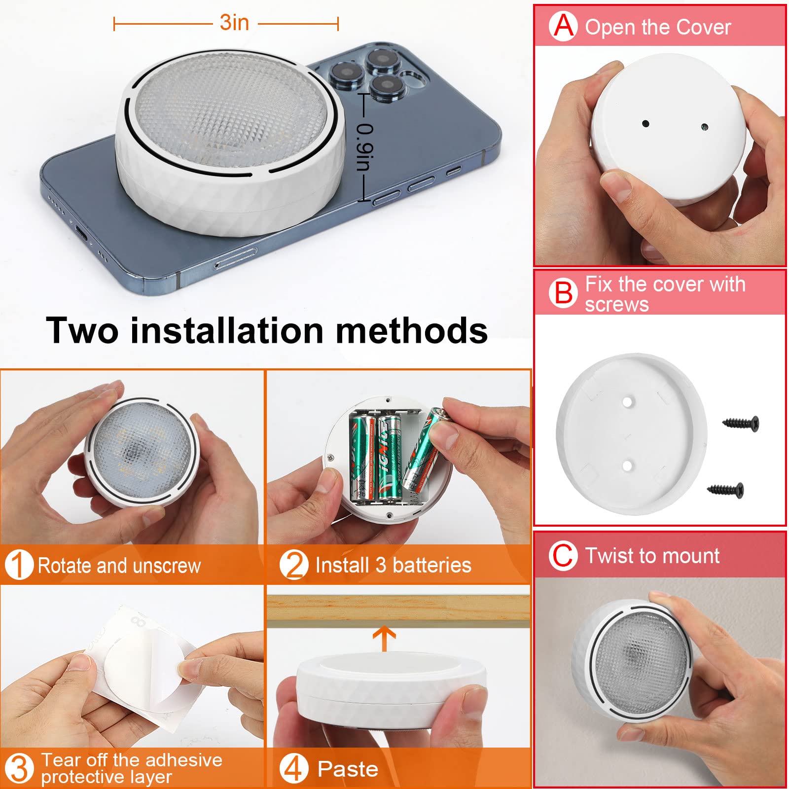 Onumii LED Puck Lights, 16 Color Changing, Dimmable, Battery Operated, 6 Pack, White, Remote Control for Under Cabinet Use