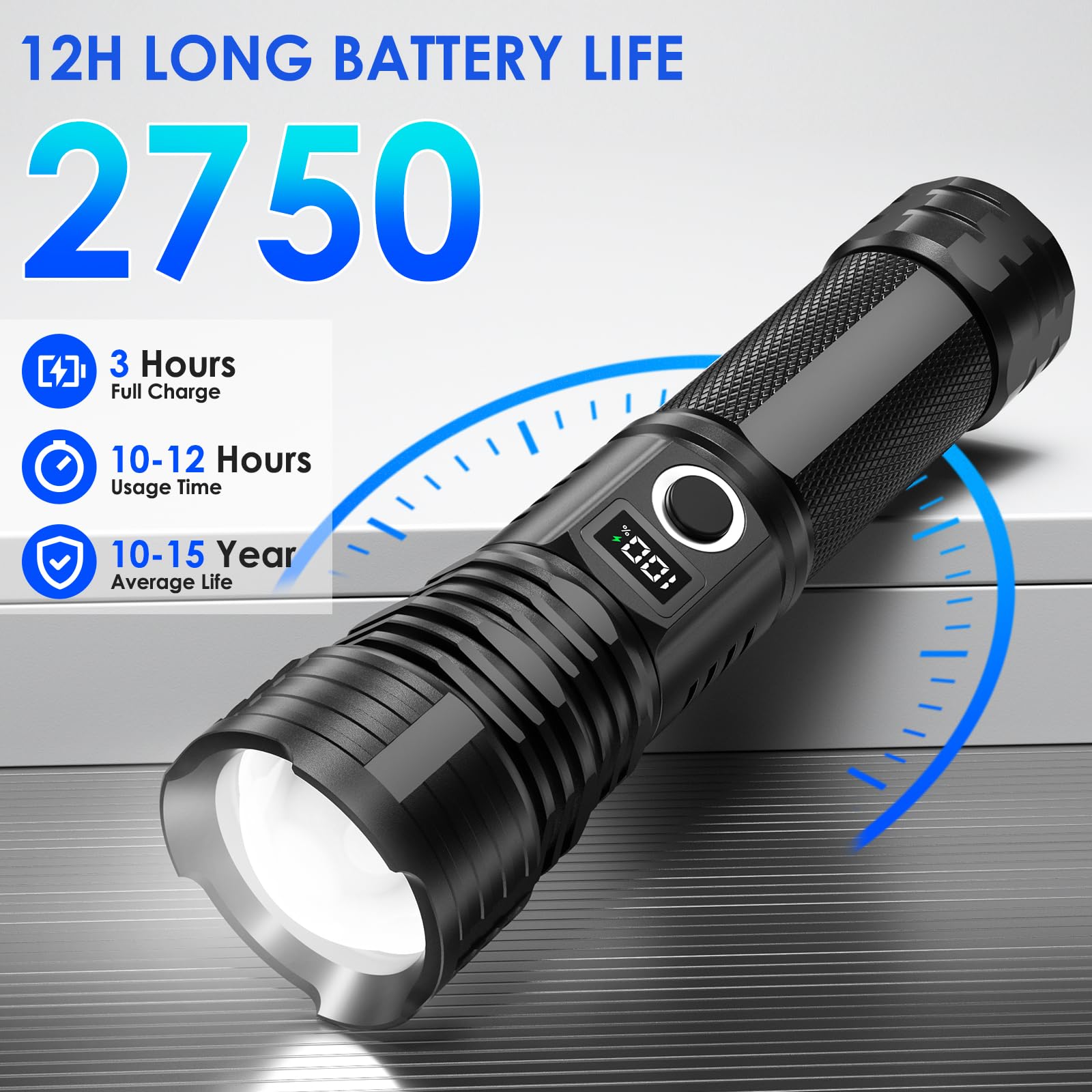 QOPOYU Tactical Flashlight 90,000 Lumens Rechargeable, 5 Modes, IPX7 Waterproof, Black, Model T90YJ