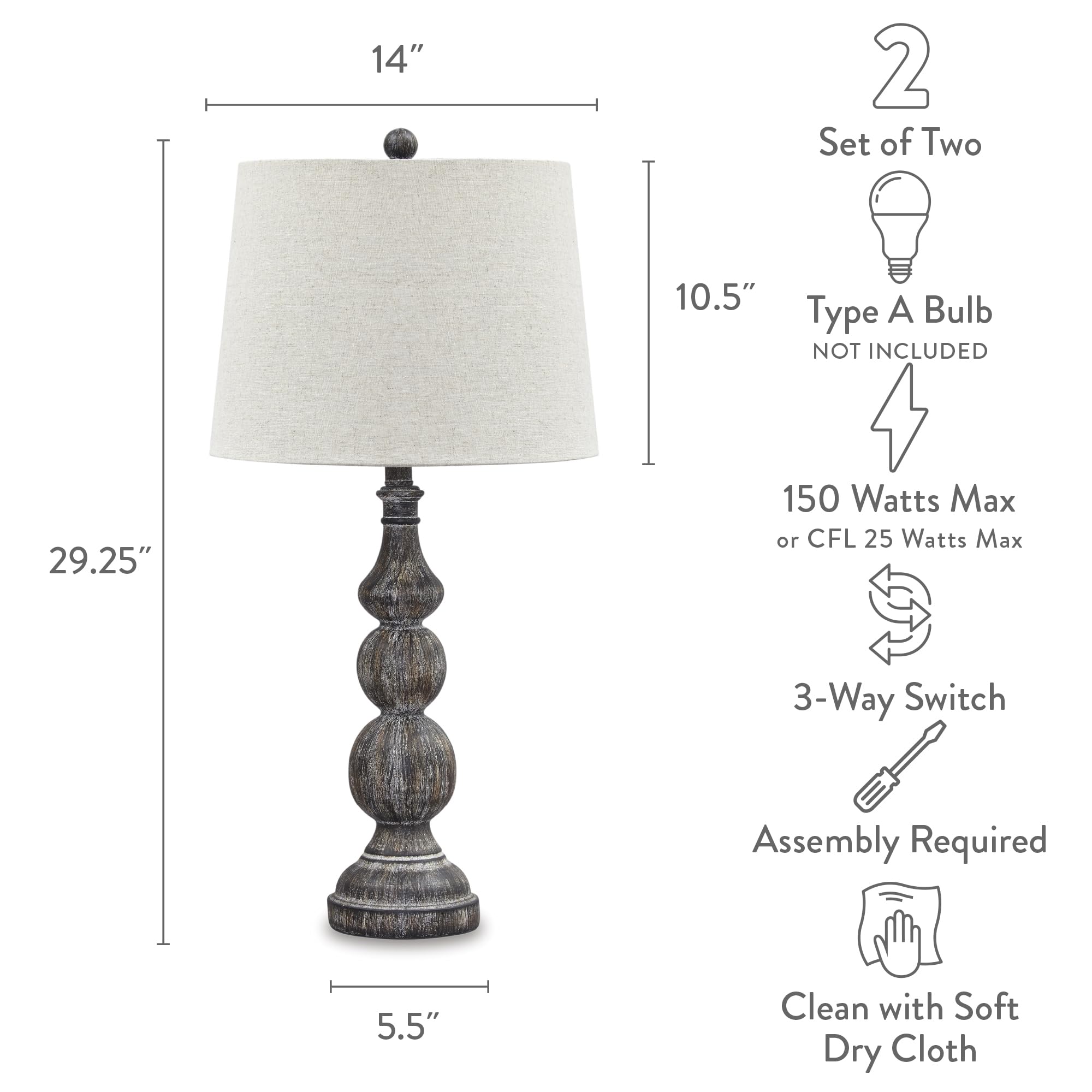 Signature Design by Ashley Table Lamp 2 Count, Rustic Farmhouse, Gray, 14inW x 14inD x 29.25inH, Model L276014