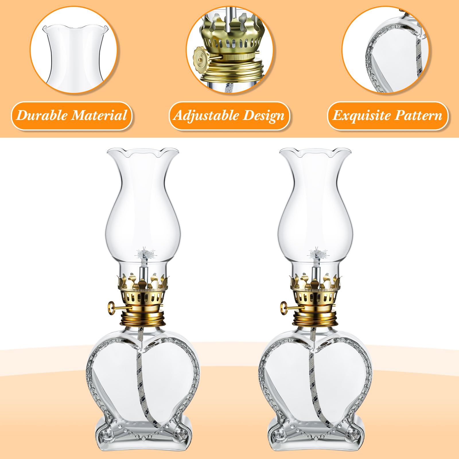 Yexiya 2 Pieces Rustic Oil Lamp Lantern Large Classic Kerosene Lamp Vintage Glass Kerosene Lamp Chamber Oil Lamps With 6.6 Ft Extra Oil Lamp Wick For Indoor Use Home Decor Lighting (Heart)