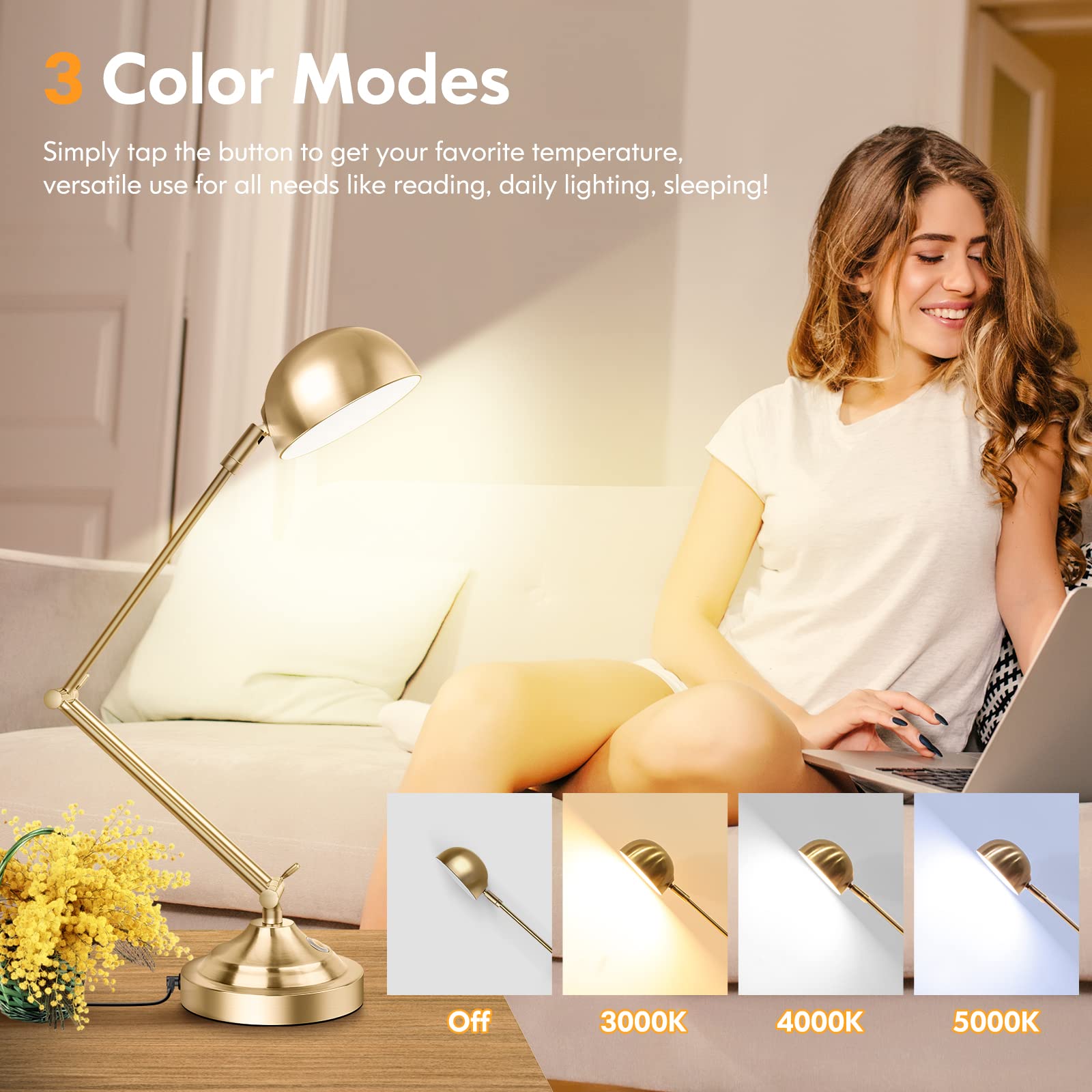Tobusa Gold Dimmable Desk Lamp With Usb Port, Touch Control, 3 Color Modes, Brass Retro Style