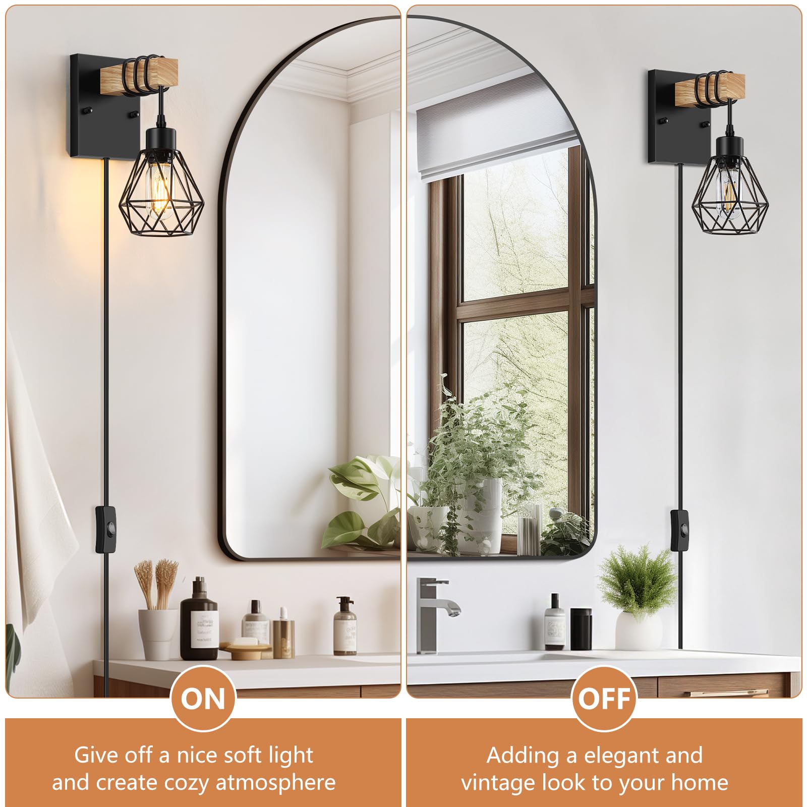 Lomoky Vintage Wood Wall Sconces Set of Two, Black Metal, 5.25FT Cord, Model WS-WOOD-2P
