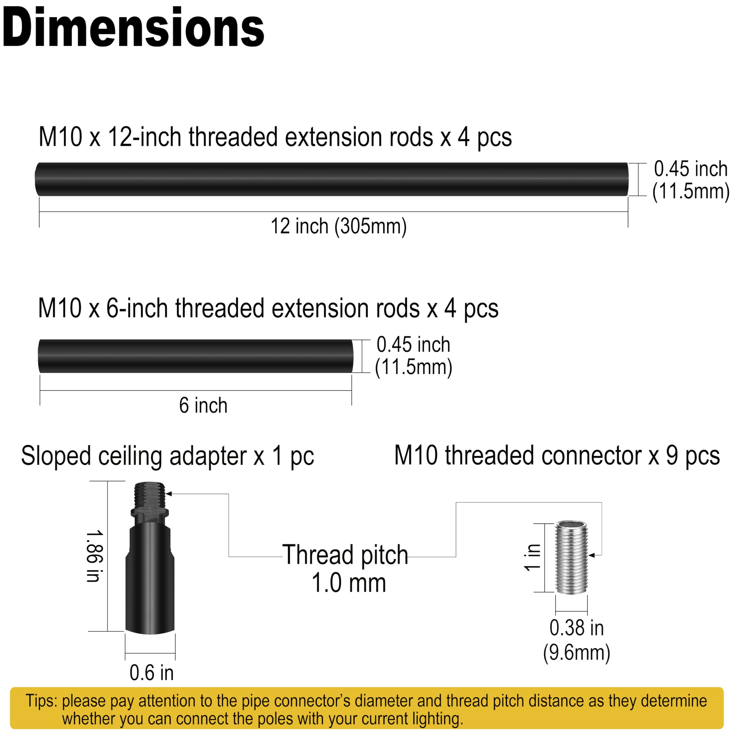 MAYOMAJO 8-Piece M10 Threaded Extension Poles Kit for Pendant Lights, Black, Model EXD-4+4, Includes Sloped Ceiling Adapter