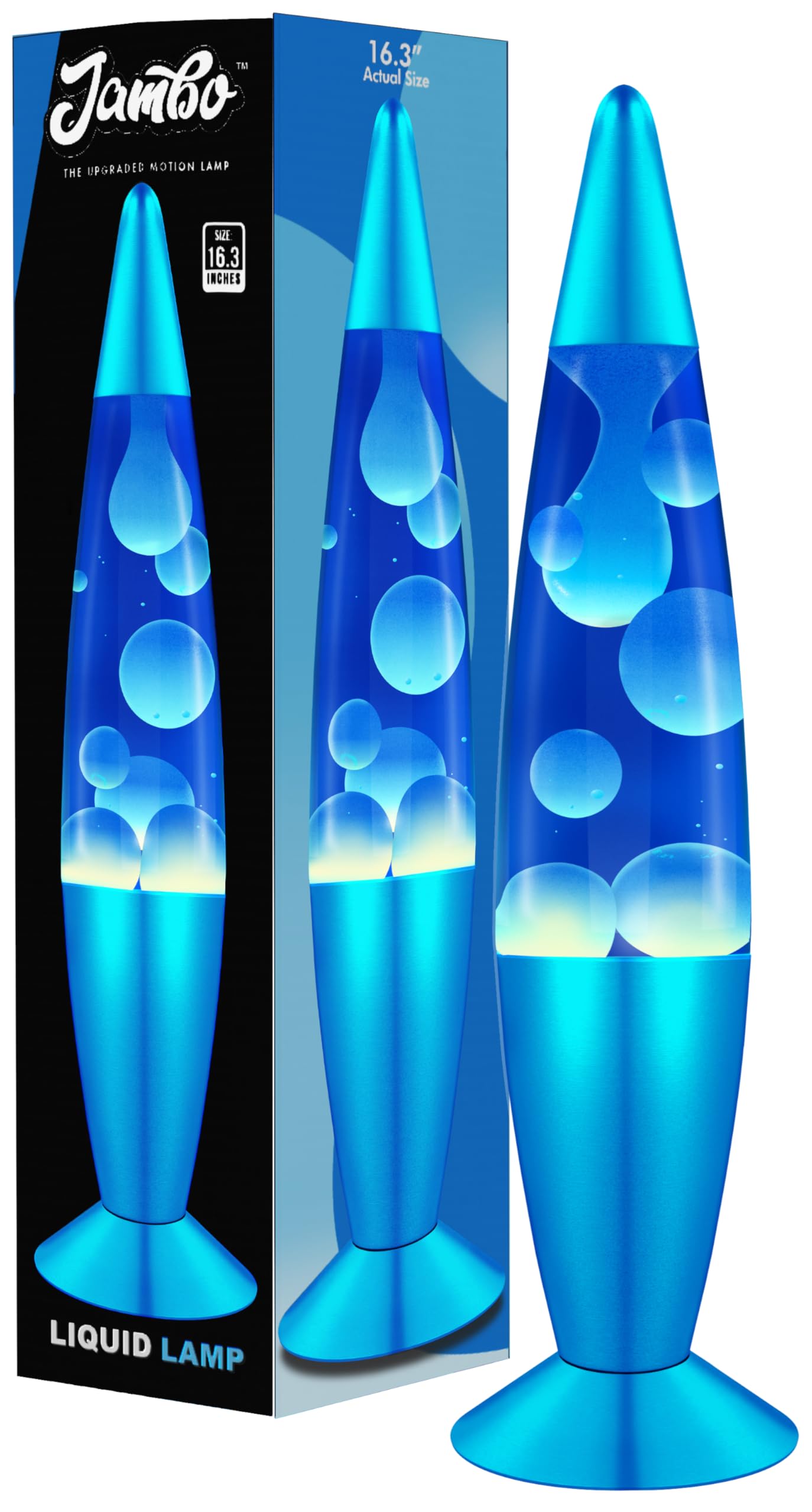 Jambo Liquid Motion Lamp - 16in Glass Lava Lamp, Blue Base, Blue Liquid, White Wax