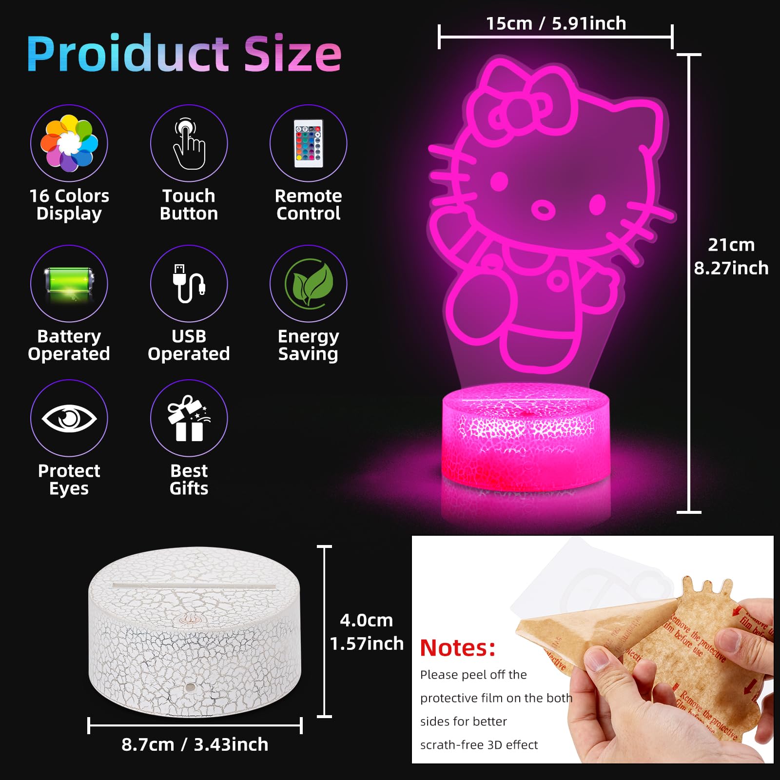 Kitty Night Light, 3D Led 16 Color Intelligent Remote Control Lamp For Christmas Gifts Children'S Room Decoration Holiday Gifts