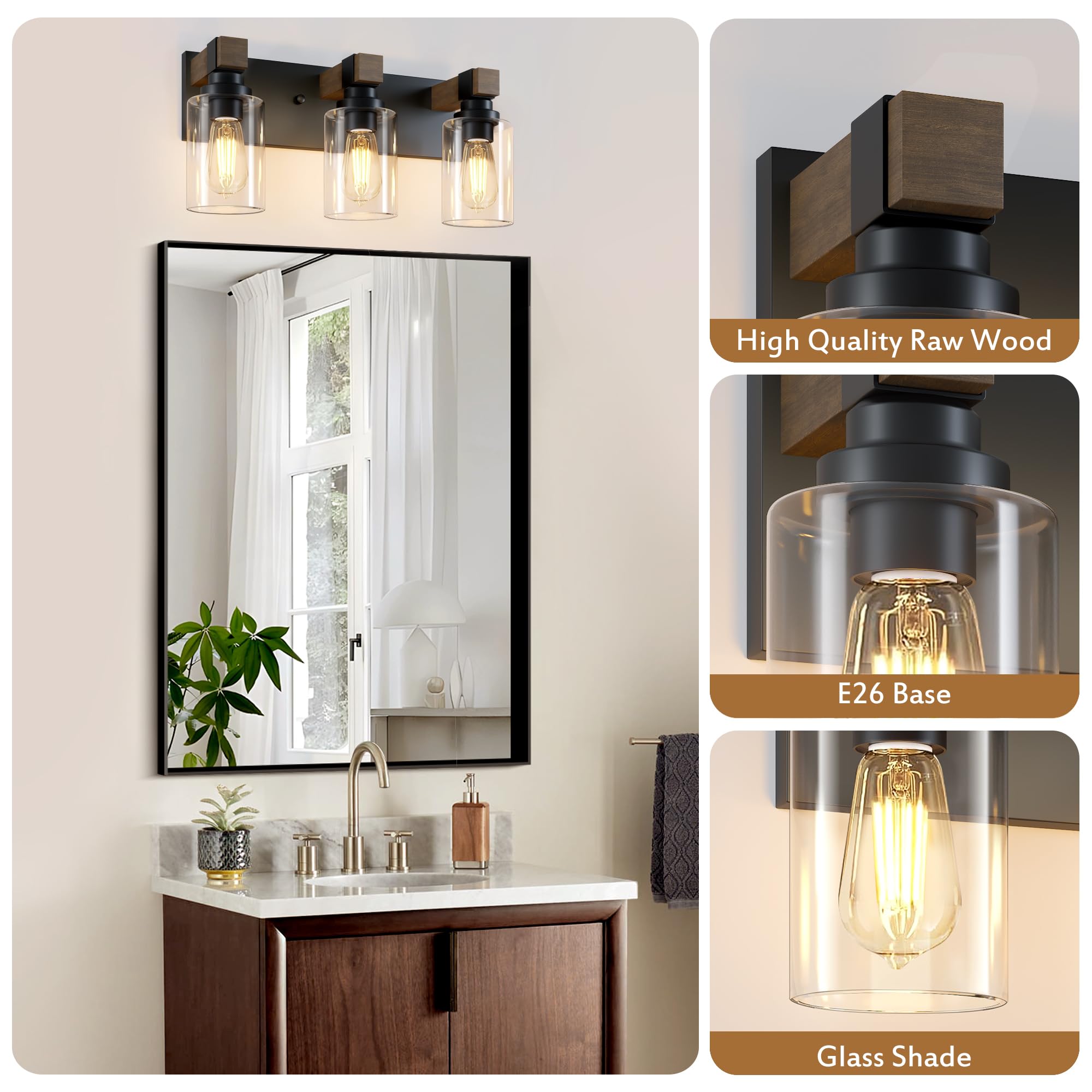 DvmTeom 3-Light Rustic Bathroom Vanity Light, Black & Wood, Vintage Glass Shade, Model D6005
