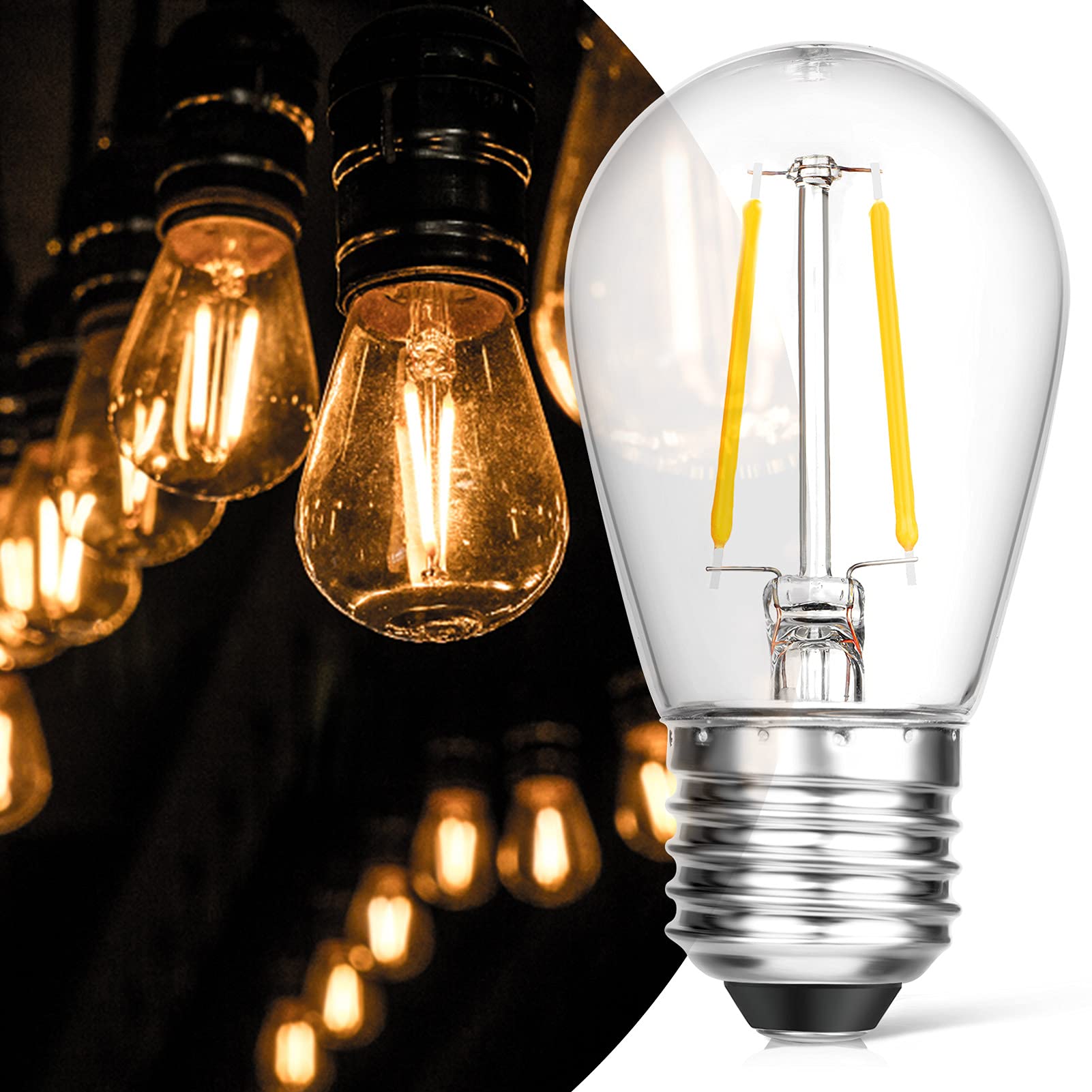ECOVANIA Upgrade IP65 Waterproof Outdoor String Light Bulbs, 2W LED S14 Replacement Shatterproof Plastic Edison Light Bulbs, 130