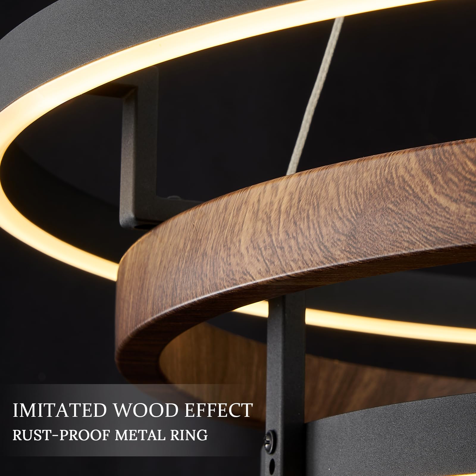 CaraLuxe LED 3-Ring Chandelier Light Fixture, Dimmable, 24in, Walnut Wood Black, Model 1004B for Dining Room, Bedroom, Living Room