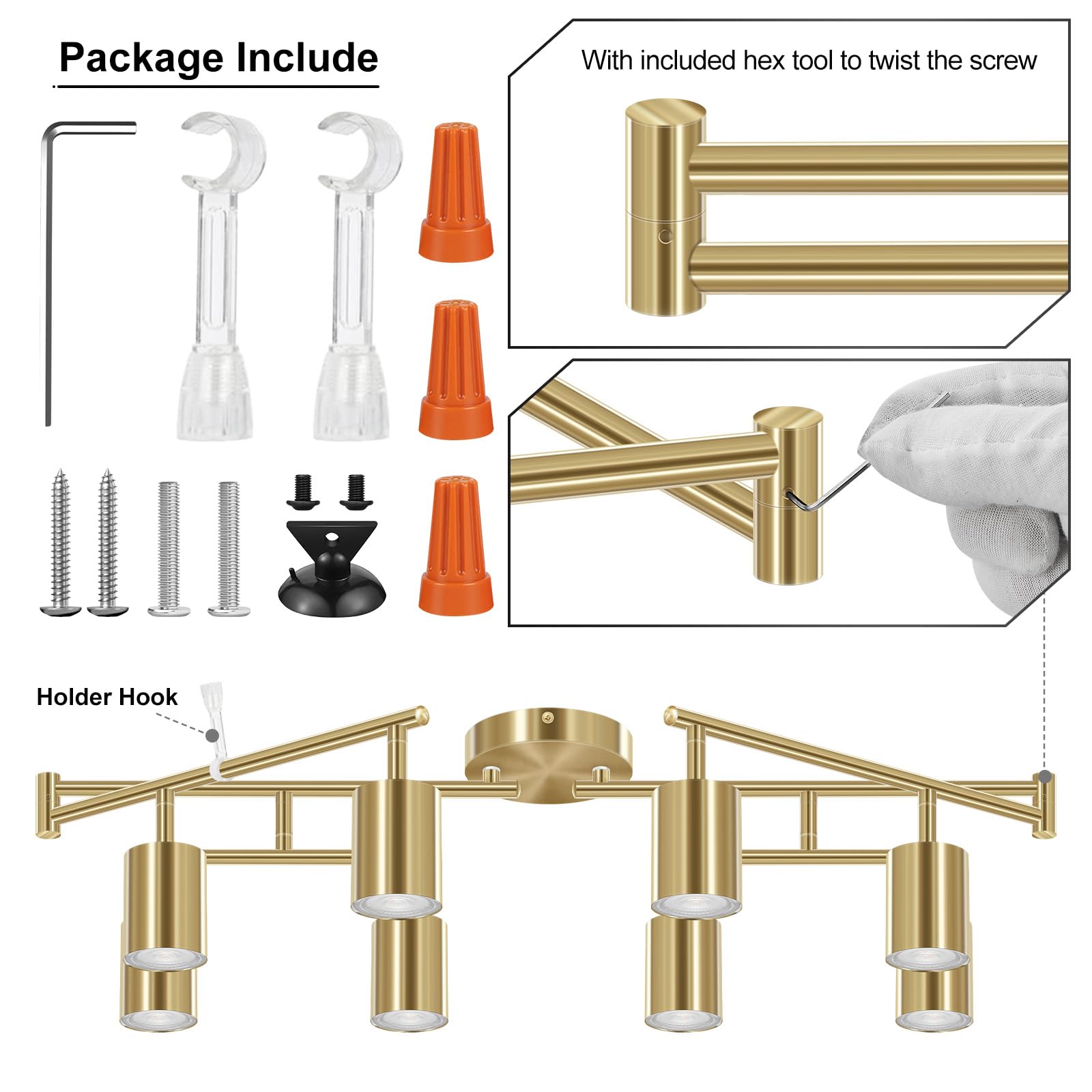Auquee 8 Light Track Lighting Fixtures Ceiling  Gold Kichen Track Lighting Fixtures  Rotatable Light Heads  Adjustable Modern Led Track Lights For Kitchen/Hallway  No Gu10 Bulb