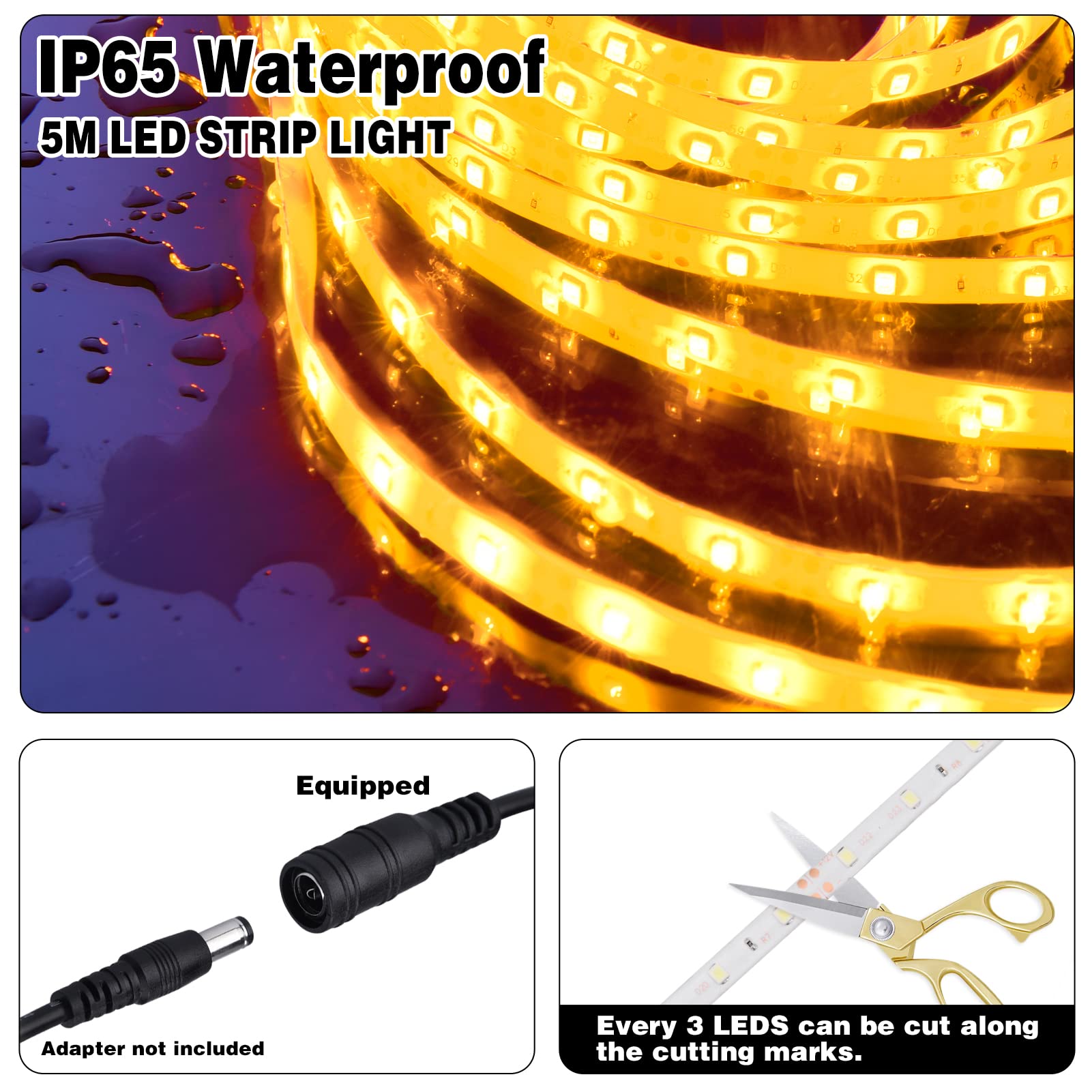 iNextStation 12V LED Light Strip Waterproof 16.4ft 300 SMD 2835 Yellow