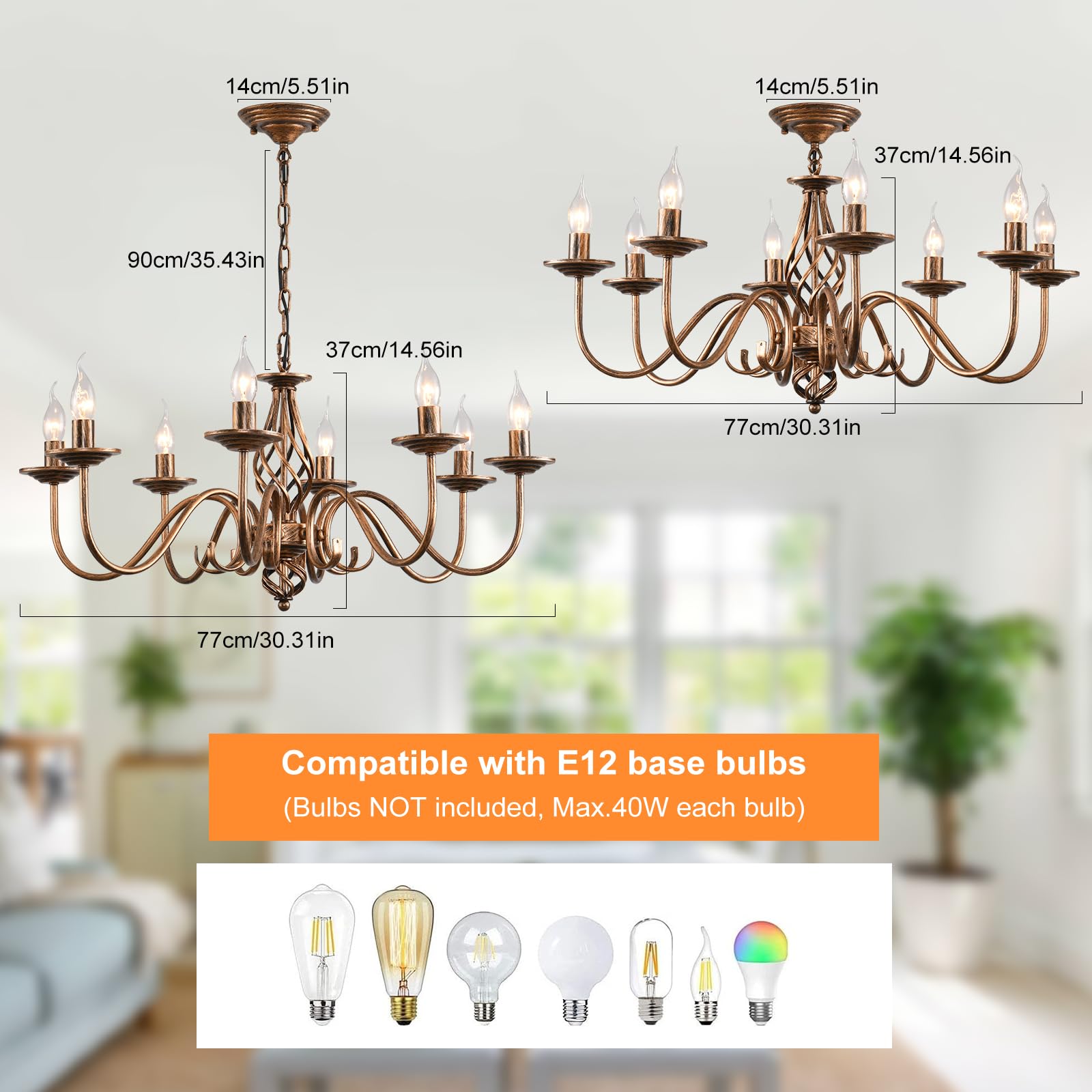 Ganeed Rustic 8-Light Antique Bronze Candle Chandelier, Vintage Iron Pendant Light Fixture for Farmhouse Living Room, Model 060-8br