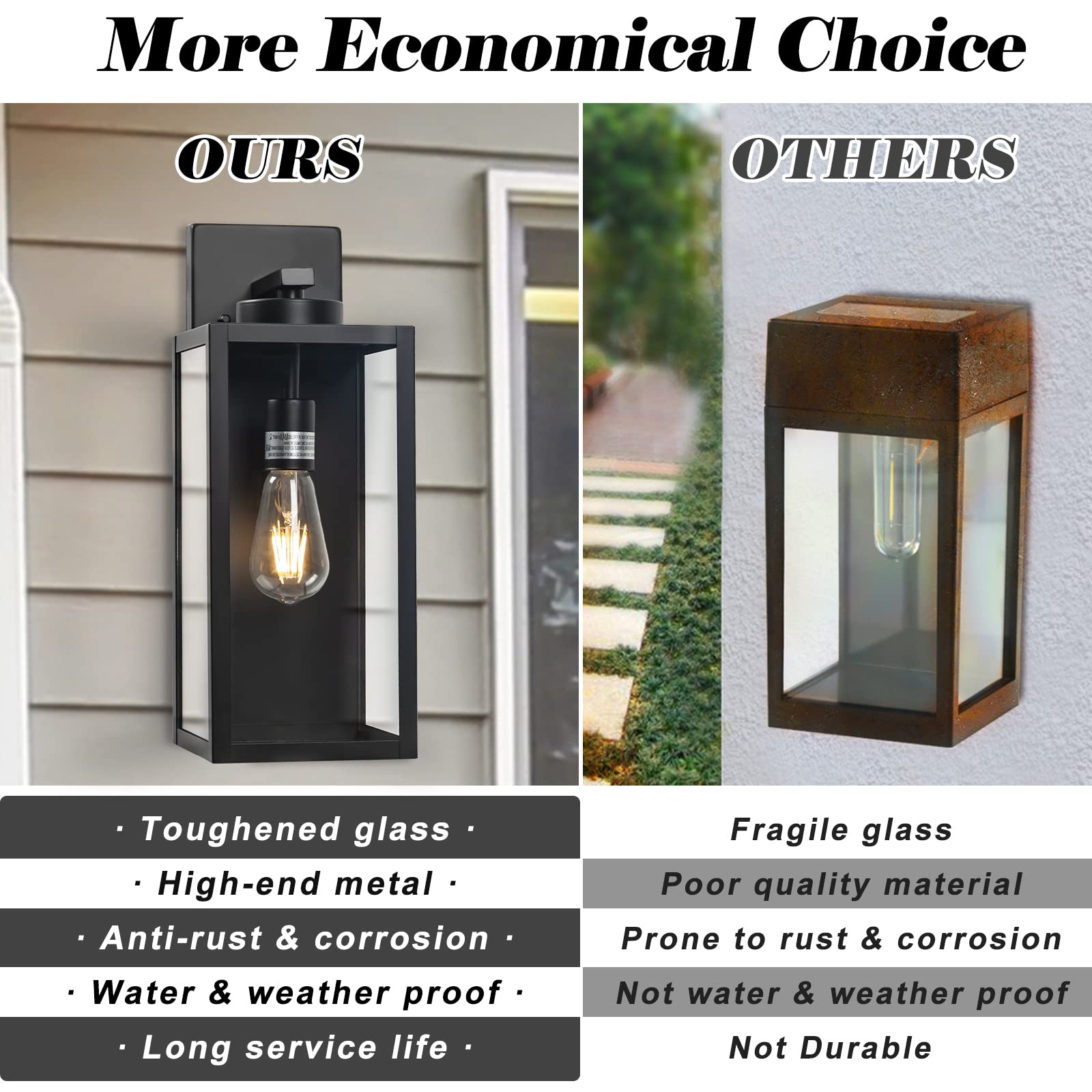 Yolsunes Outdoor Wall Light Fixture, 16in Black Metal Lantern, Waterproof, Modern Design