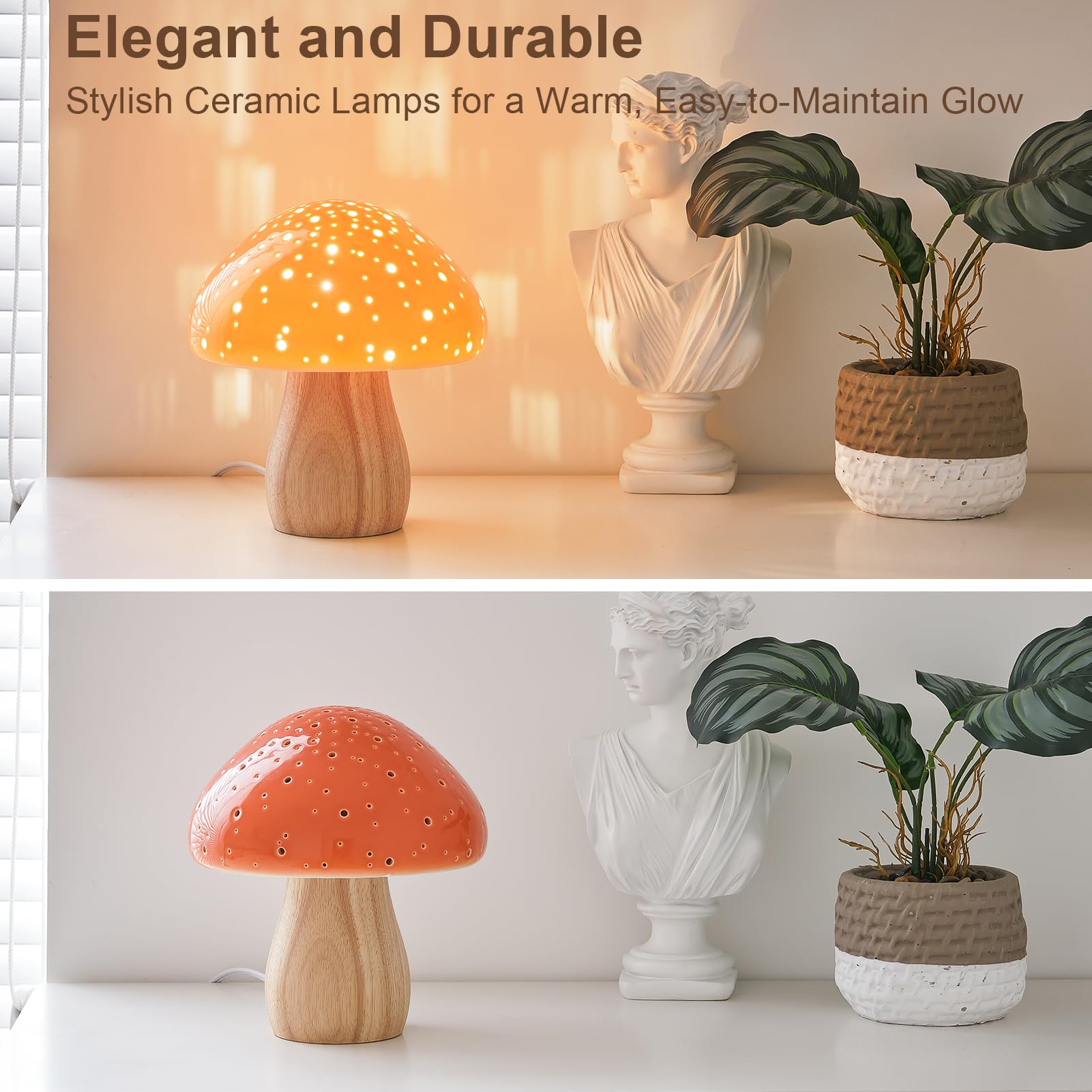 BOHON Ceramic Mushroom Lamp - Retro Vintage Orange Night Light for Bedroom & Living Room, LED Bulb Included, Model C-Mushroom-O