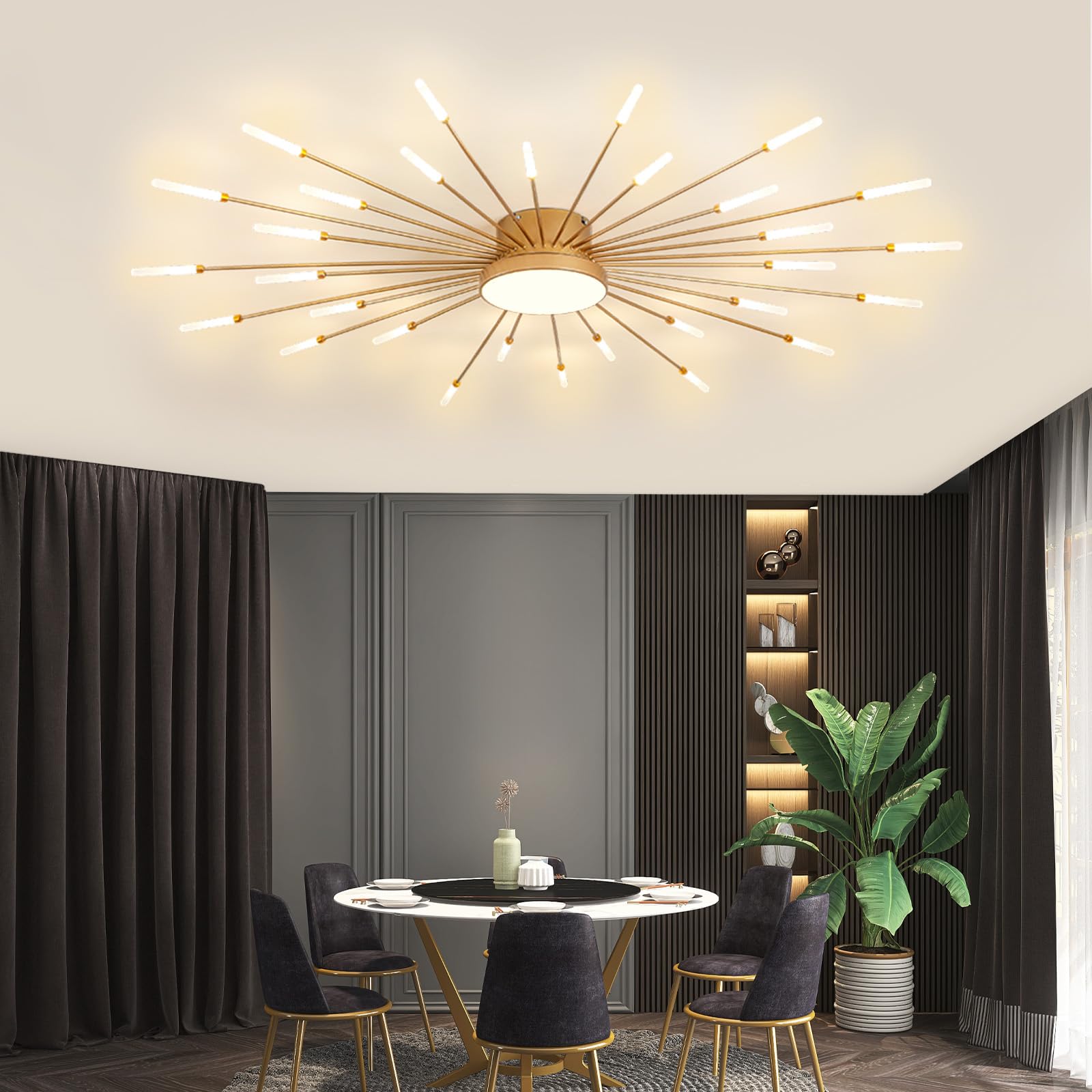 Ziidoo Modern Ceiling Light 30+1 Lights Metal Firework Designed Chic Led Lighting Fixture For Farmhouse Kitchen Dining Room Bedroom Hallway Living Room (Gold And Dark Gold)