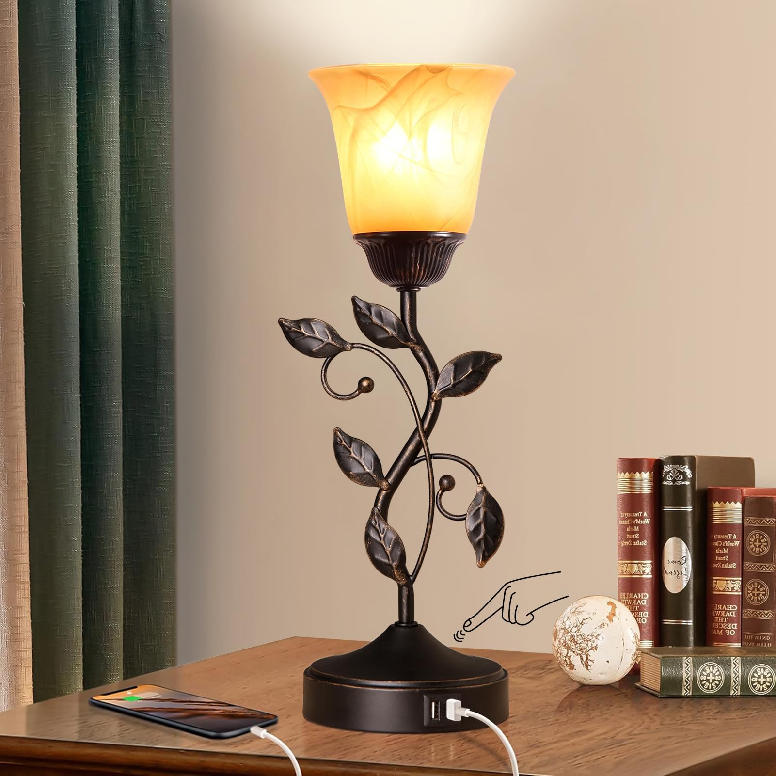 RORIANO Touch Control Table Lamp, 3-Way Dimmable, Vintage Bronze with Amber Glass Shade, Includes LED Bulb, Model TT-8832-MM