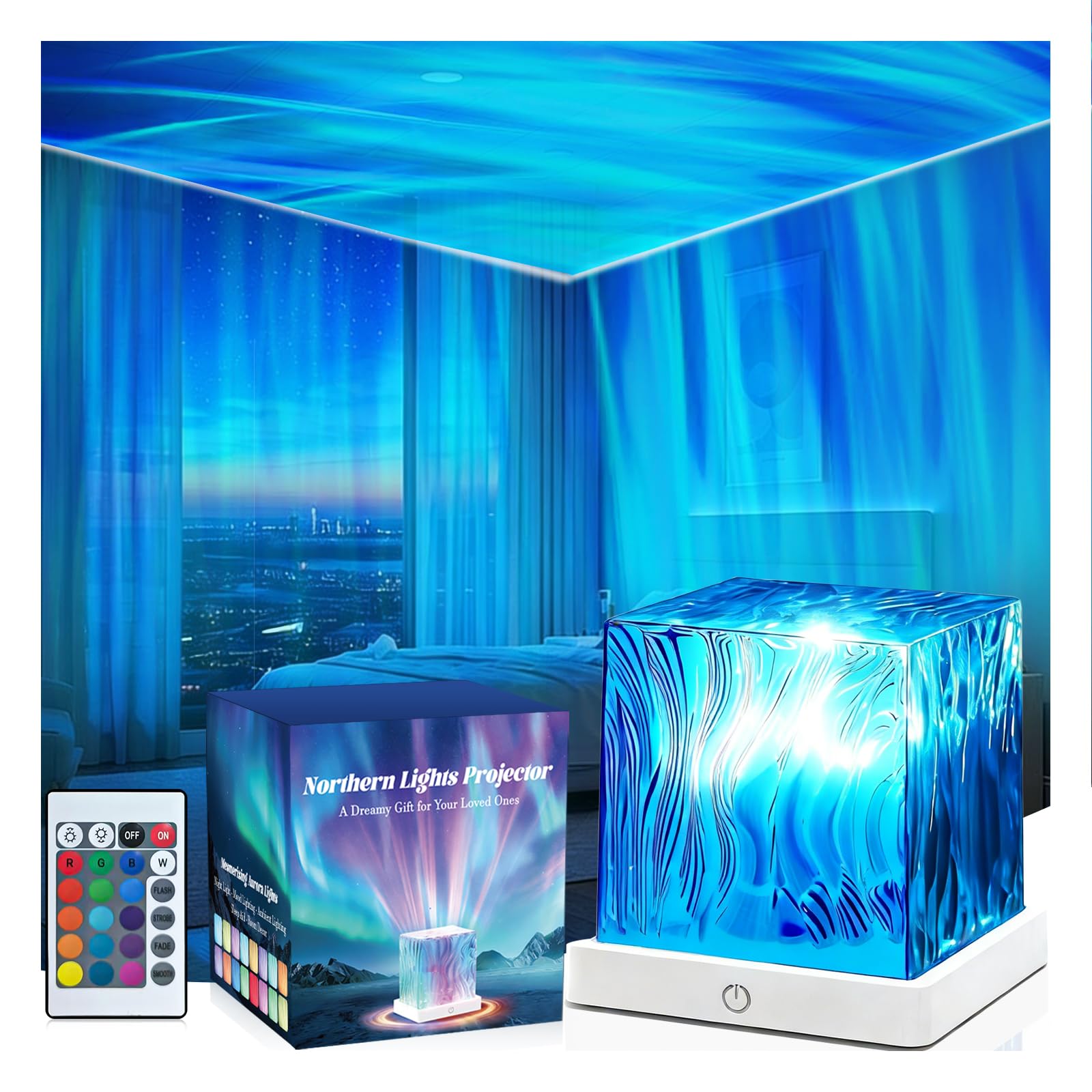 HUMIIEYE Northern Lights Projector, Cube Aurora Galaxy Projector with Remote, 16 Color Mood Lighting Dimmable Ocean Light, Memor