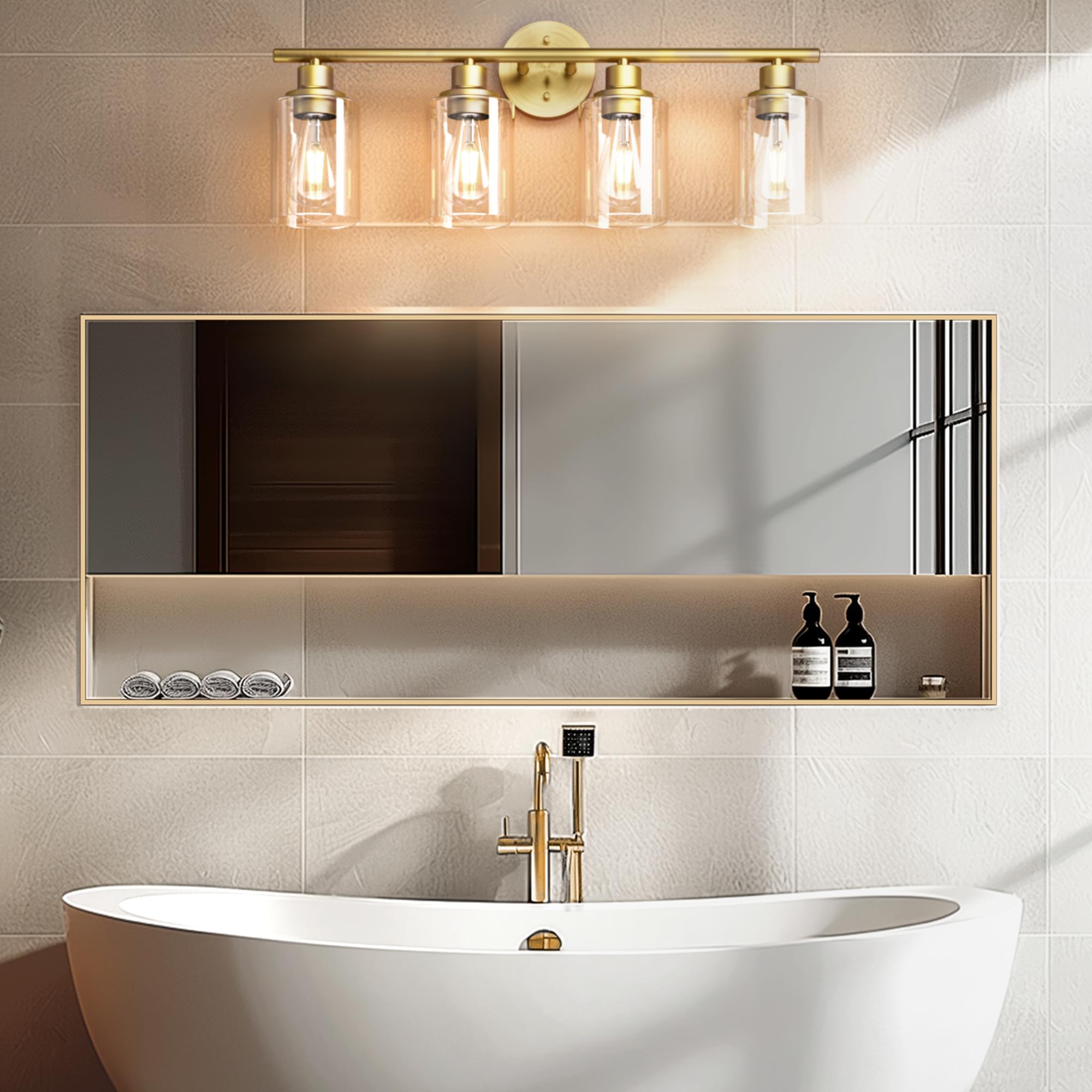 Weyderk 4-Light Gold Bathroom Vanity Light Fixture, Metal with Clear Glass Shades, UL Certified, Model BD