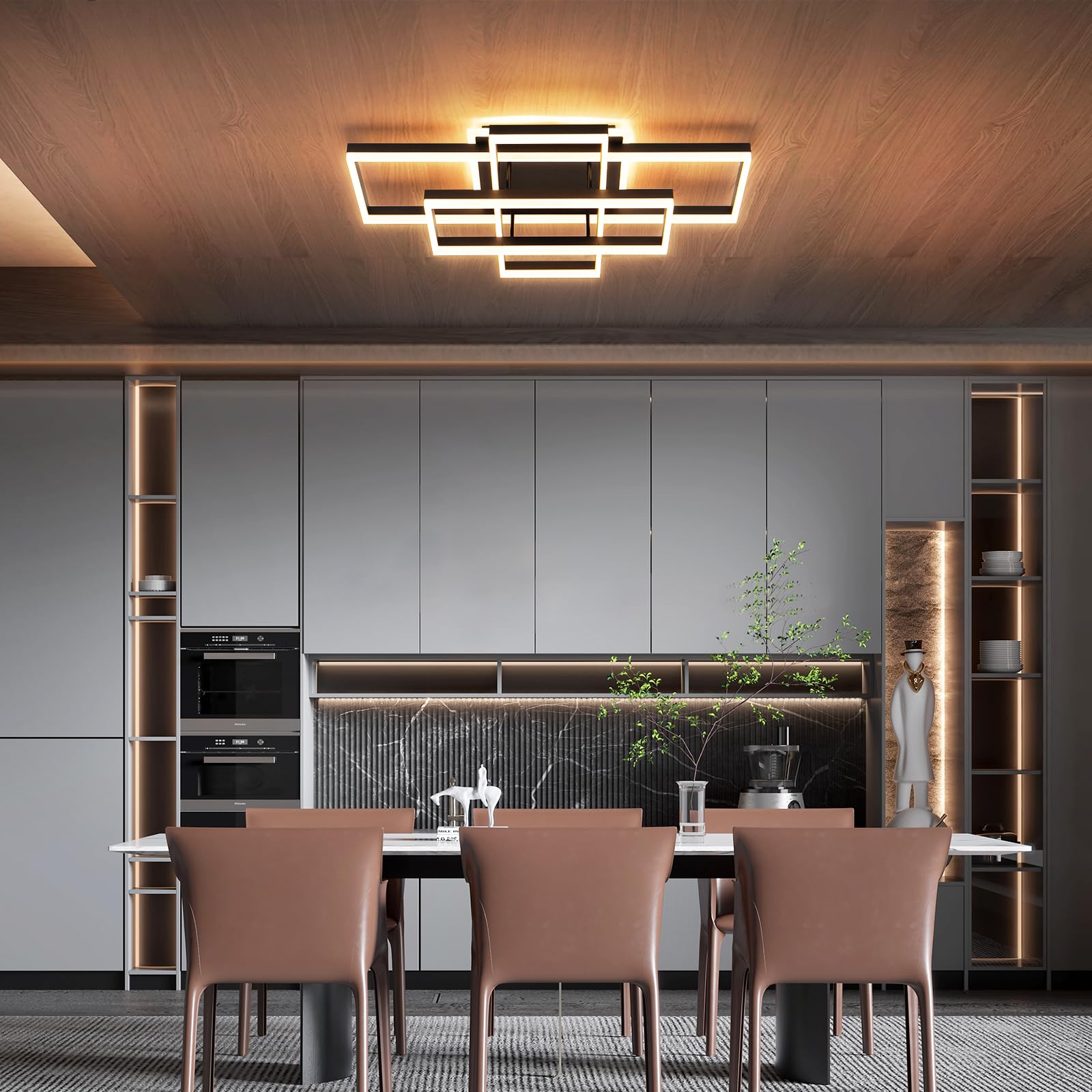 Okes Modern Led Flush Mount Ceiling Light, Black Square Dimmable Fixture For Kitchen & Living Room