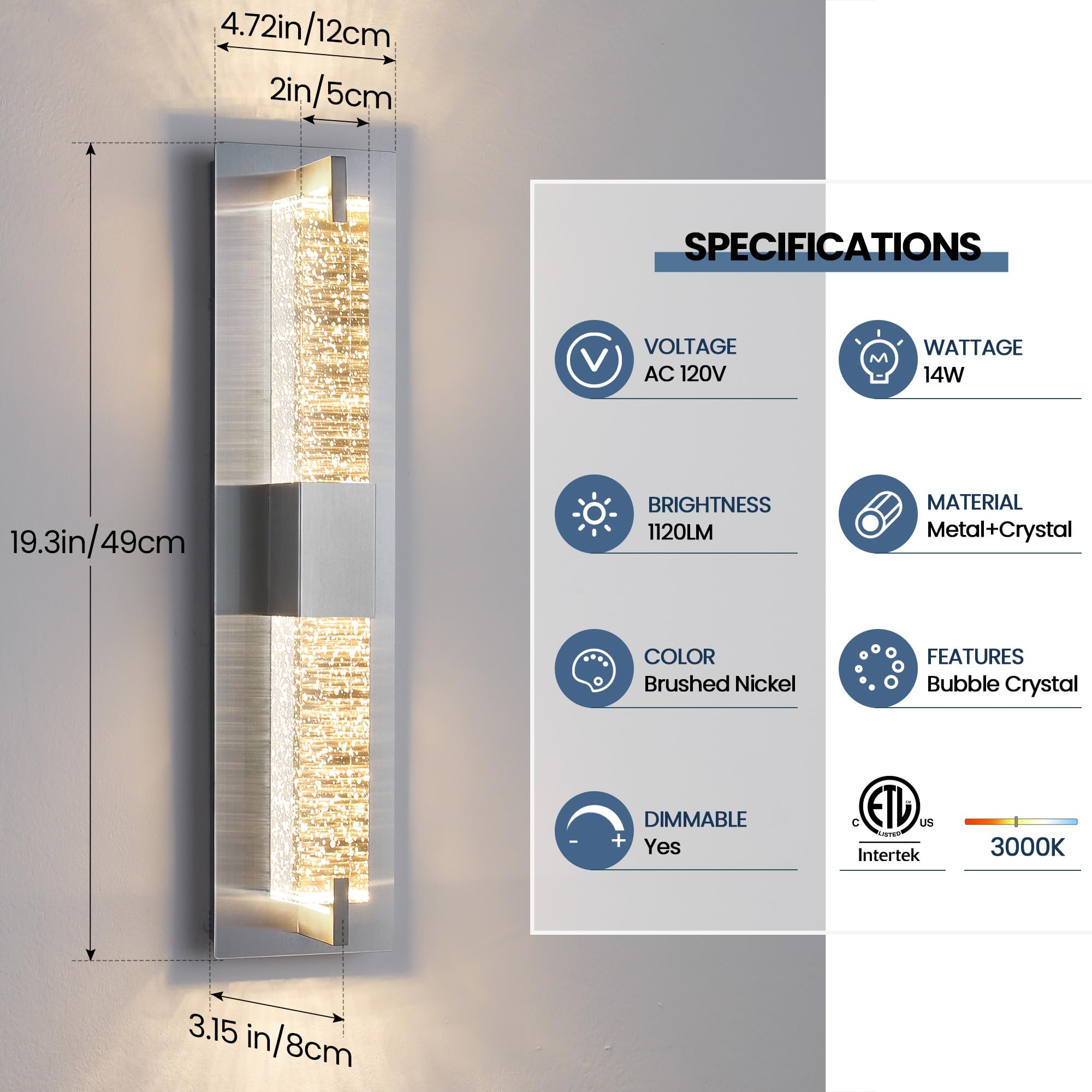 WOSHITU LED Wall Sconce Light - 19 Inch Nickel Modern Dimmable Crystal Fixture for Indoor Bathroom, Living Room, Bedroom, Hallway