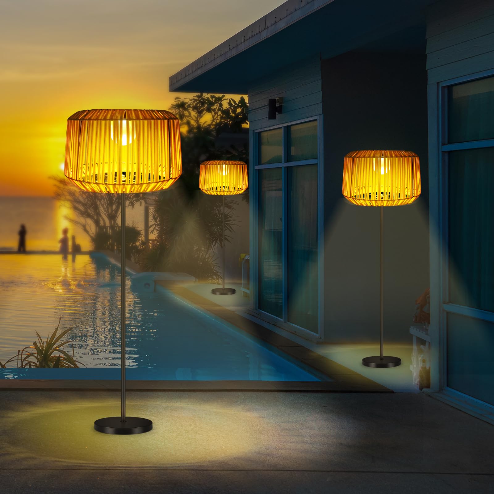 shumi Solar Outdoor Floor Lamp, Waterproof Rattan Design for Patio, Brown, Model HST1223