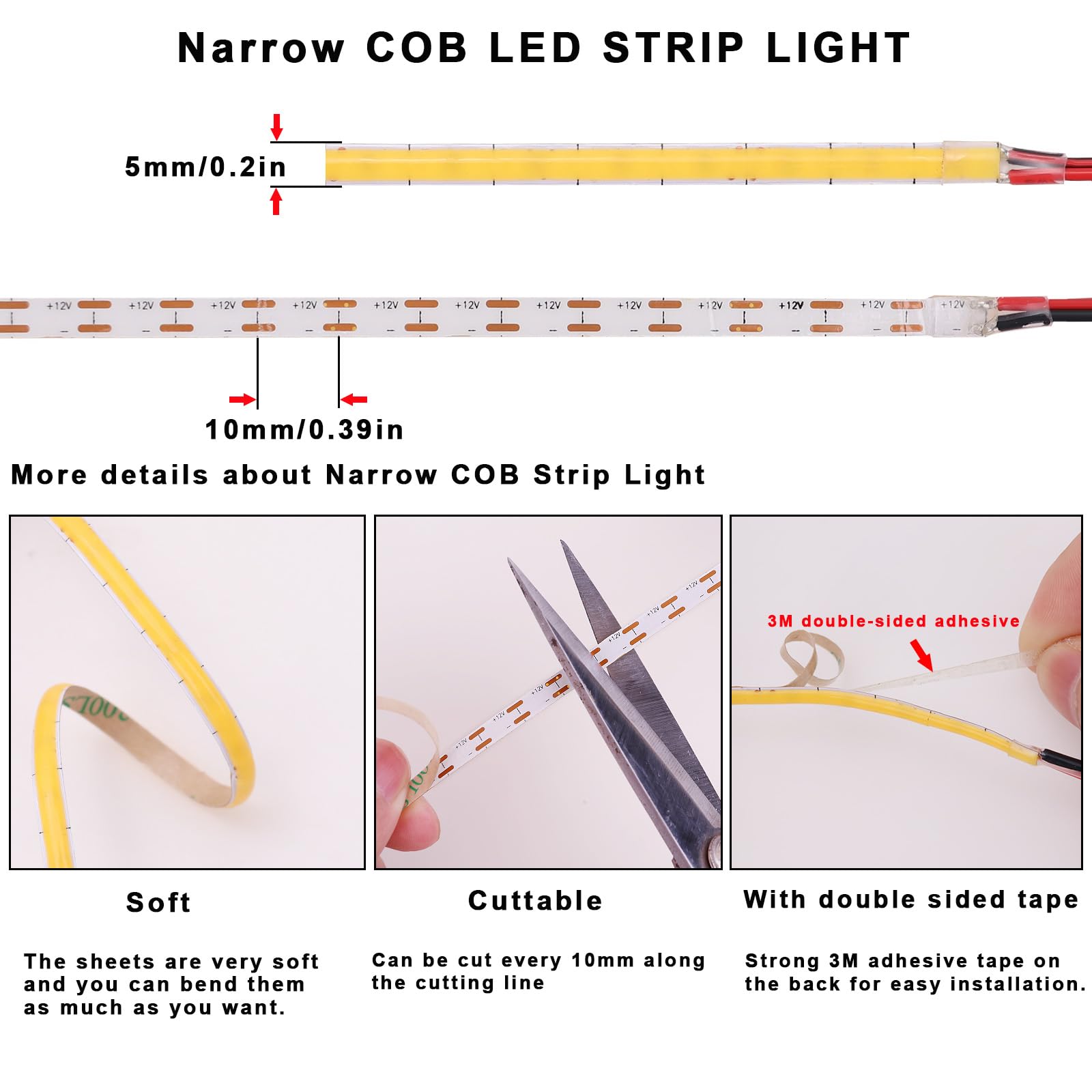 Topai 12V Thin 5Mm Cob Led Strip Light 3000K Warm White 16.4Ft Bright 4000Lm Cri>90 Uniform Dotless 400Leds/M Adhesive Flexible