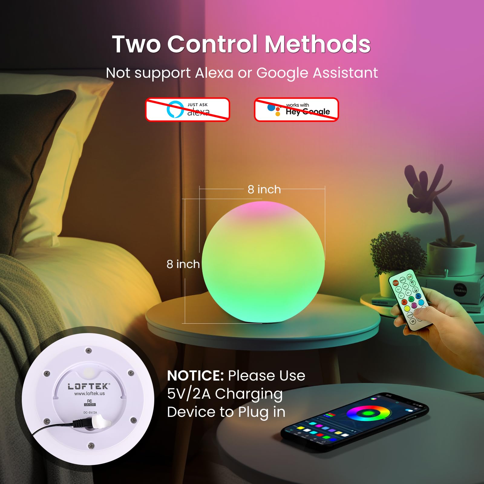 LOFTEK Smart LED Color Changing Night Light, 8-inch RGB Mood Lamp with Bluetooth App & Remote Control, White, Model LK-B20