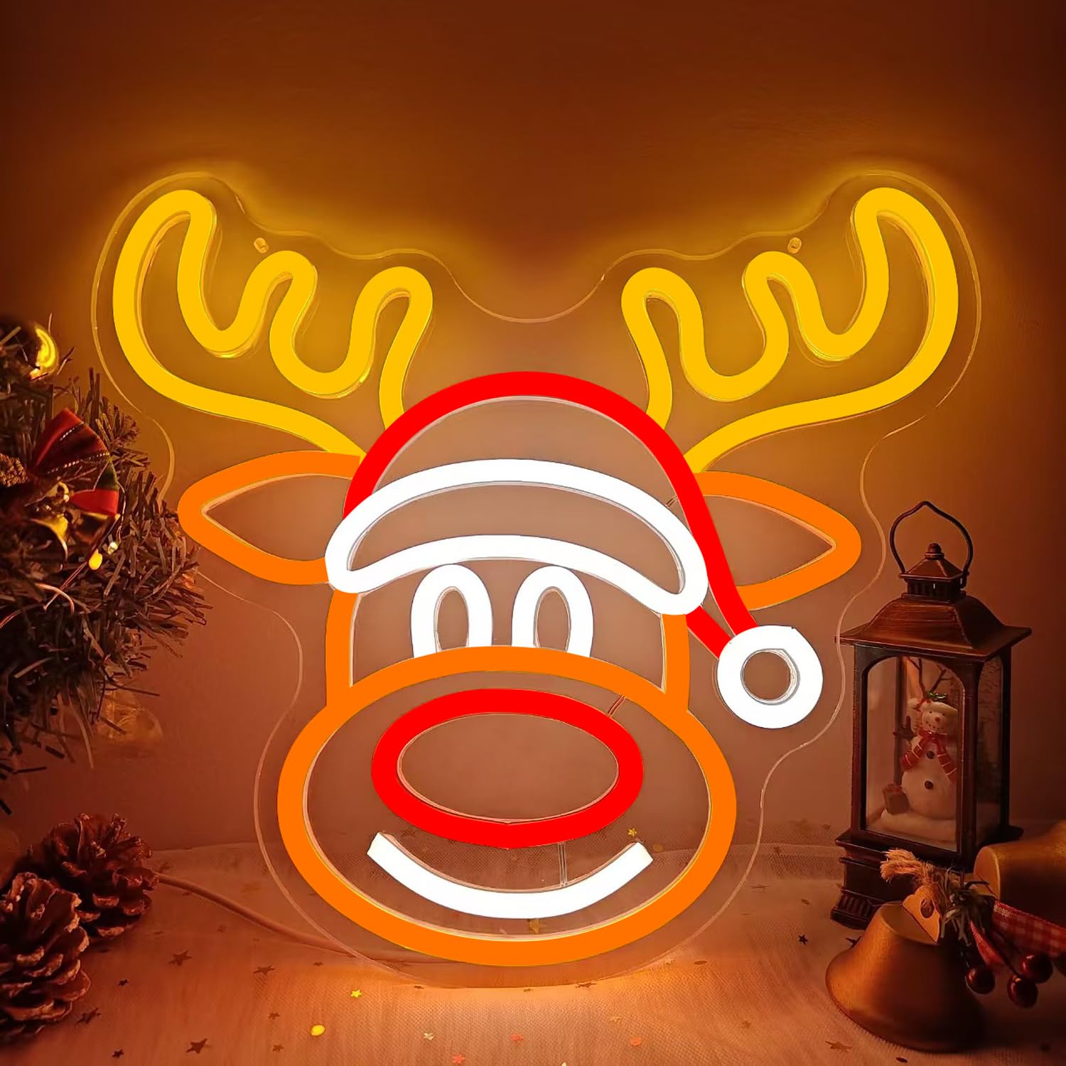 Vveikea Neon Sign Elk LED Wall Decor, Dimmable Reindeer Lights, 12.2 x 10.9 inches, Colorful Acrylic