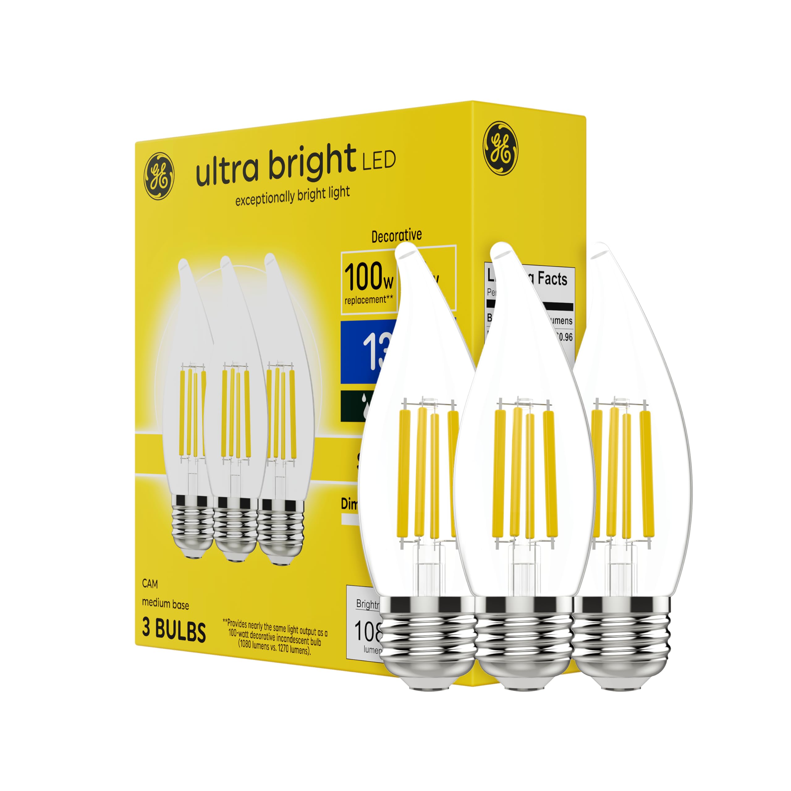 Ge Ultra Bright Led Light Bulbs, 8W (1080 Lumens), Soft White Candle Lights, Clear Decorative Ca12 Light Bulbs, Medium Base (3 P