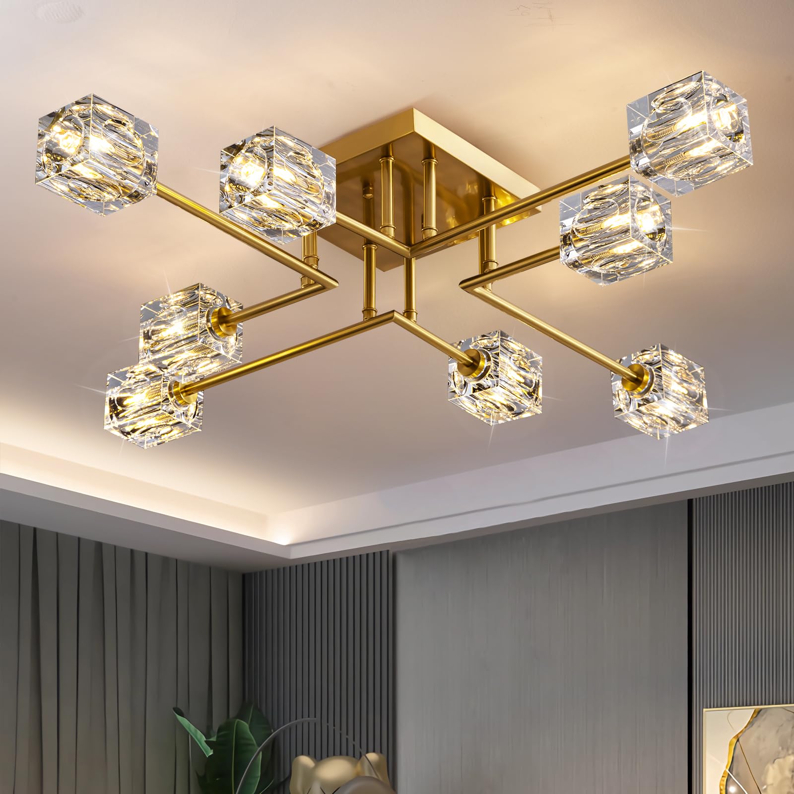 Okes Modern Crystal Semi Flush Mount Ceiling Light - 8-Lights Gold Sputnik Chandelier
