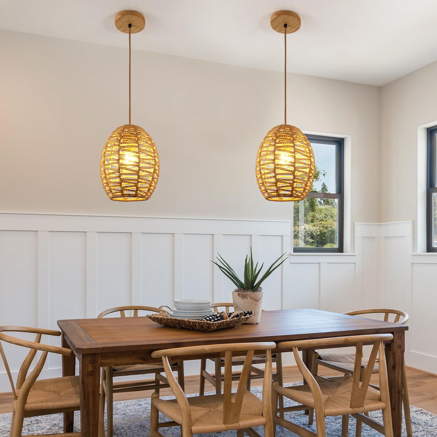 Delipop Pendant Light, Hand-Woven Rattan Chandelier, Boho Hanging Light With Adjustable Cord 4.9Ft For Living Room, Dining Room,