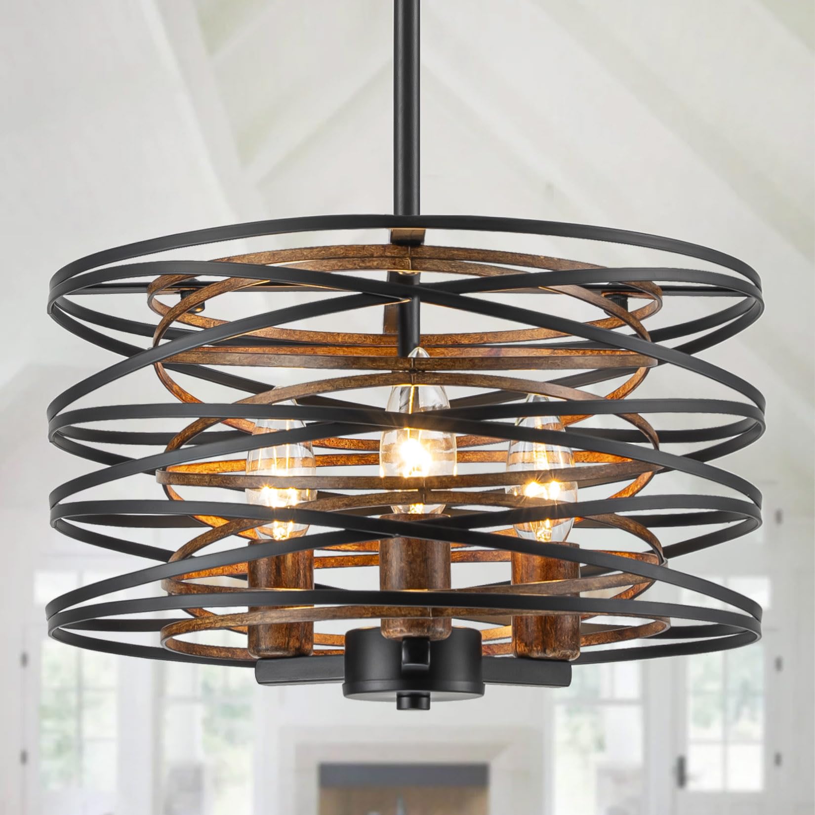 Bargeni Chandelier,13 Inch Dining Room Light Fixture,Matte Black Finish With Wood-Like Interior,Adjustable Height Farmhouse Chan