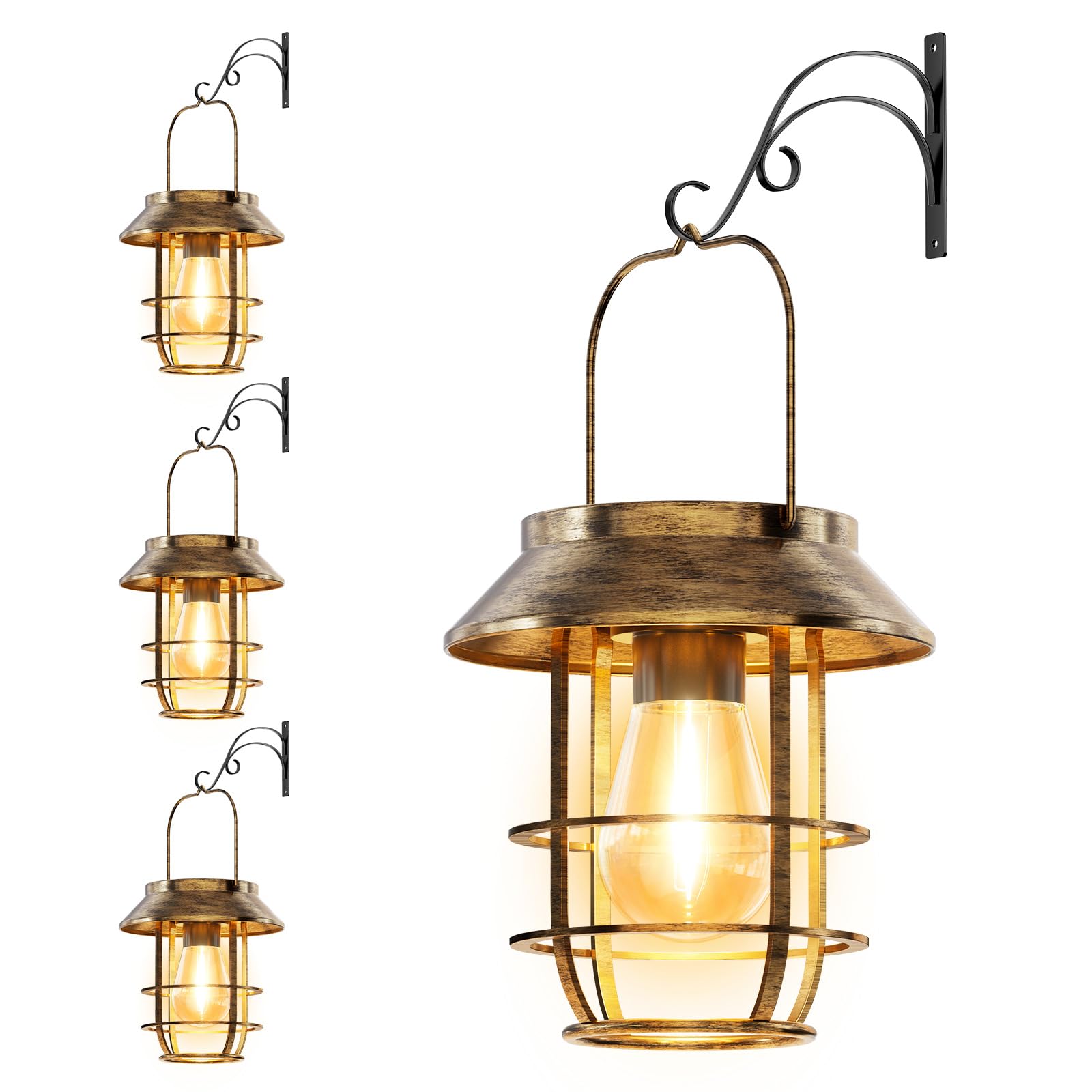 Ahaorigin Solar Lanterns Outdoor Waterproof  High Brightness Hanging Solar Lights for Outside with Wall Hooks  Retro Metal Outdoor Lanterns Auto On/Off for Porch  Patio  Yard Decor 4 Pack